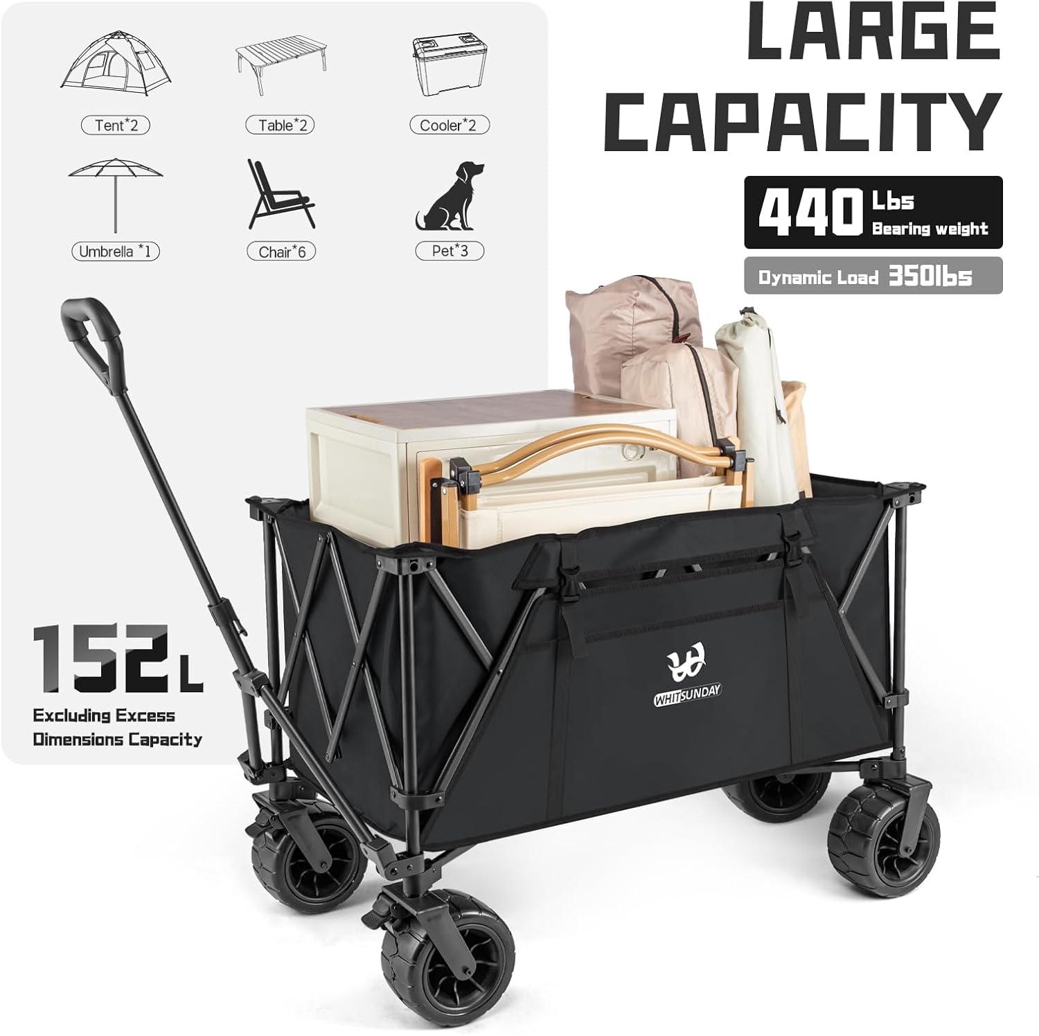 Whitsunday Heavy Duty Collapsible Wagon, 440Lbs Folding Beach Wagon Cart, All Terrain Wheel & Extra Large Utility Camping Park with Table
