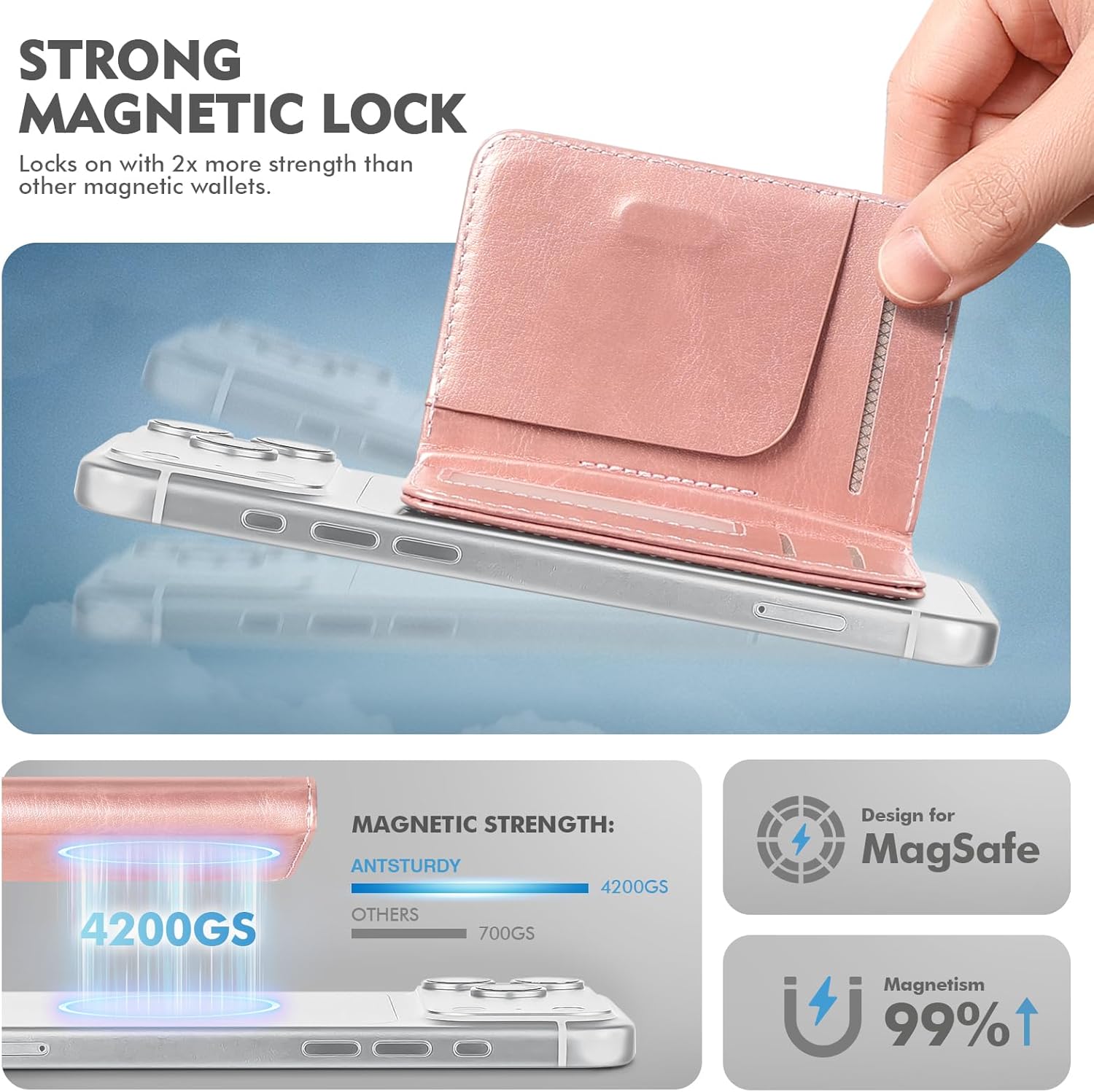 Antsturdy for Magsafe Wallet Stand with Holder,PU Leather RFID Blocking Card Holder,5 Card Slots,Strong Magnet Minimalist Flip Folio Kickstand for iPhone 17/16/15/14/13/12/Pro/Max/Plus/Air,Rose Gold