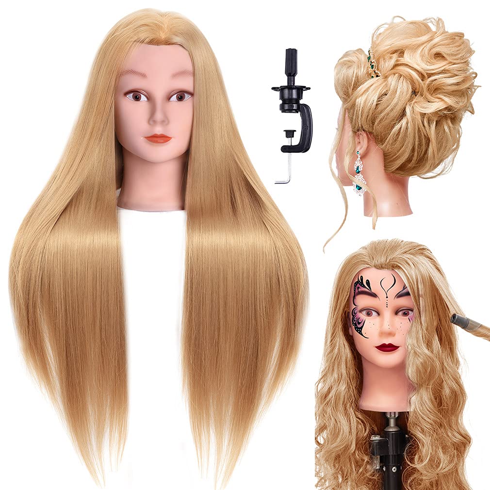 LuAiJa 26"-28" Mannequin Head Long Synthetic Fiber Hair Styling Training Head Manikin Cosmetology Doll Head Hair with Free Clamp Holder (Blonde Synthetic Fiber Hair)