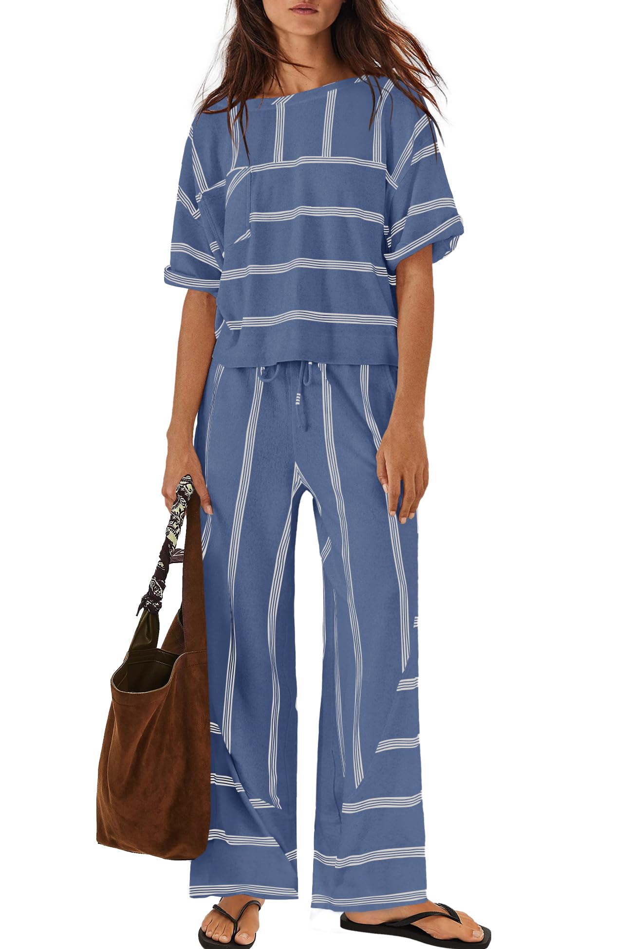 Photo 1 of Nirovien Womens Striped Lounge Set 2 Piece Vacation Sets Short Sleeve Tops and Wide Leg Pants Travel Sets with Pockets(Grey Blue Cream,XL)