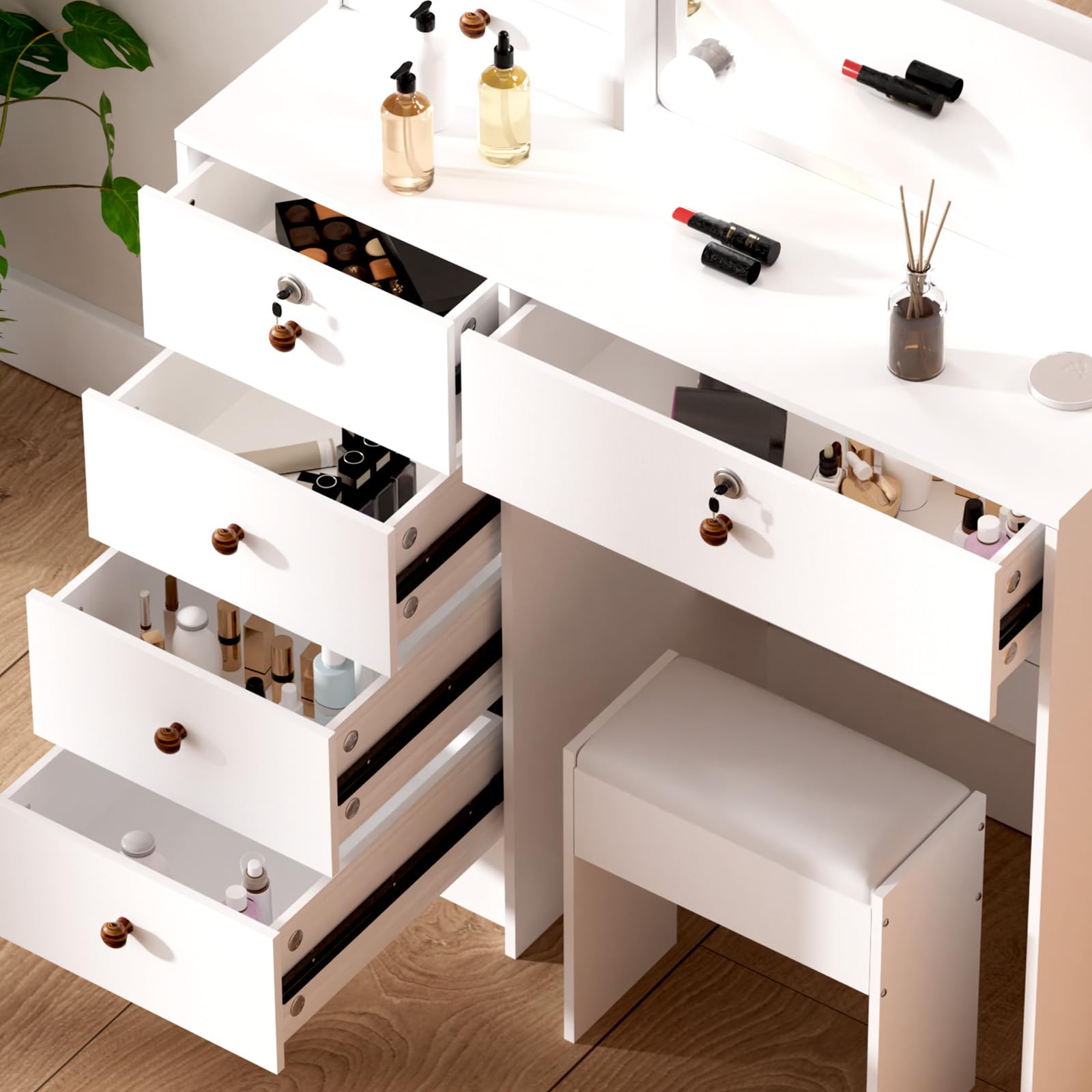 Toeletta Trucco con Luci Regolabili a 3 Colori, Toeletta da Trucco con Specchio e Sgabello, con 6 Cassetti e 6 Ripiani, Bianco 80x36x130 - Camera da Letto e Trucco