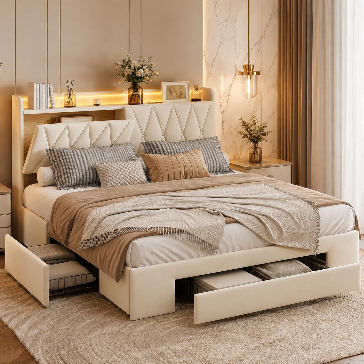 Letto imbottito con 3 cassetti, testiera, letto matrimoniale, 160 x 200 cm, letto matrimoniale funzionale con vano portaoggetti, letto imbottito con rete a doghe (beige + velours-A, 160 x 200
