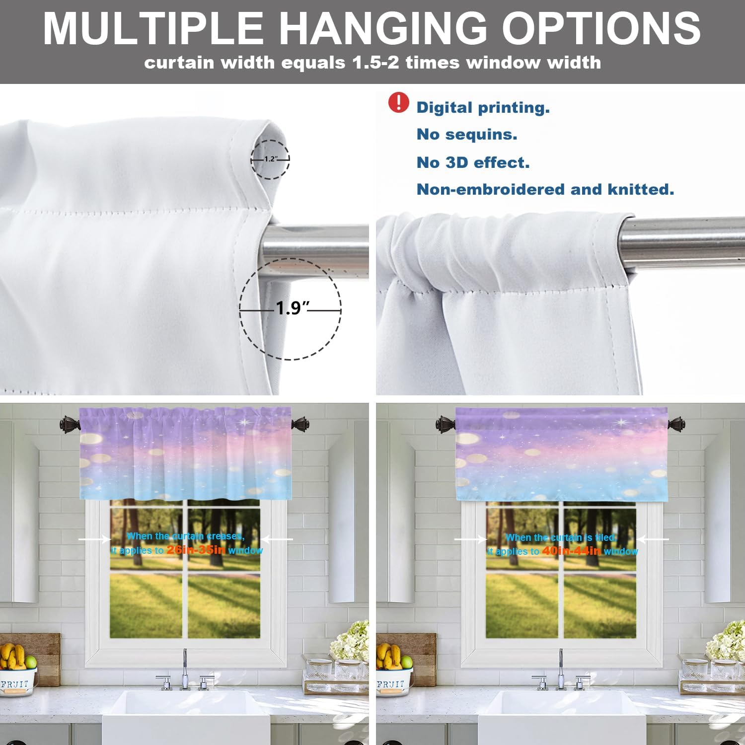 Batmerry Galaxy Fantasy Pastel Unicorn Cute Kitchen Valances Half Window Curtain, Purple Blue Pastel Rainbow Unicorn Glitter Stars Kitchen Valances for Bedroom Valance for Decor Reducing The Light