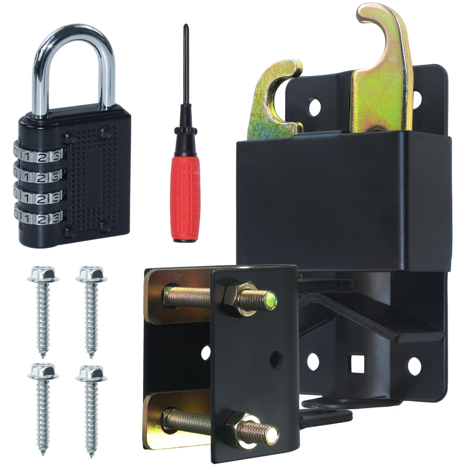 S16100700 - Pestillo de puerta de dos vías con cerradura para puertas de metal con tubos de 1-1/4 pulgadas a 1-1/2 pulgadas de diámetro con cerradura de combinación negra de 4 dígitos, fácil