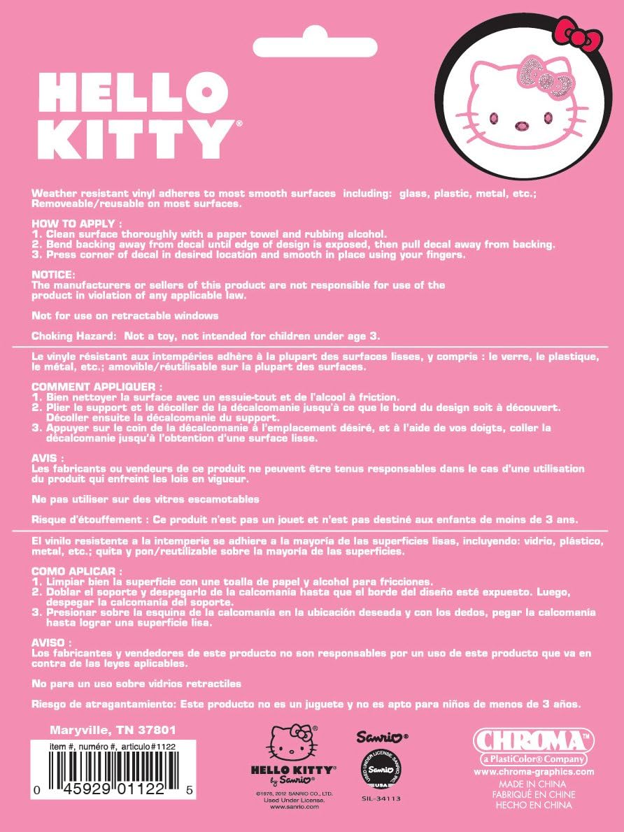CHROMA 001122 Cling Bling 'Hello Kitty' Decal Pink, 4" x 5"
