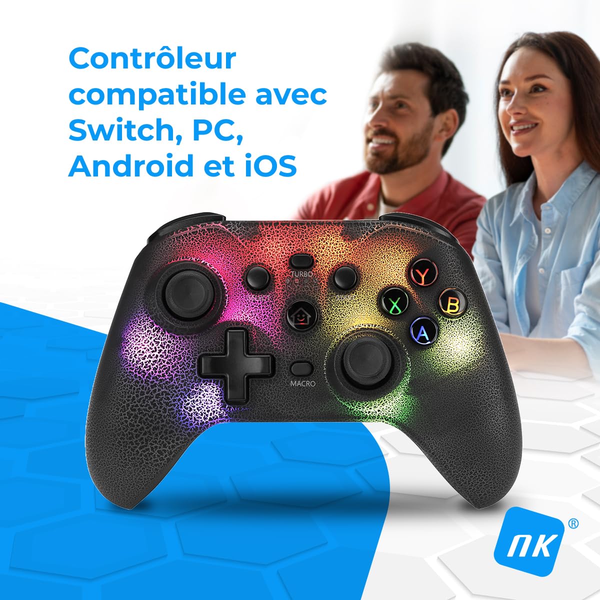 NK Wireless Switch Controller - LED RGB réglables, Compatible Switch/PC/Android/iOS, fonction Turbo, Réglages Macro, Bluetooth, 6 axes, 4 modes de vibration - Noir (avec support pour smartphone)