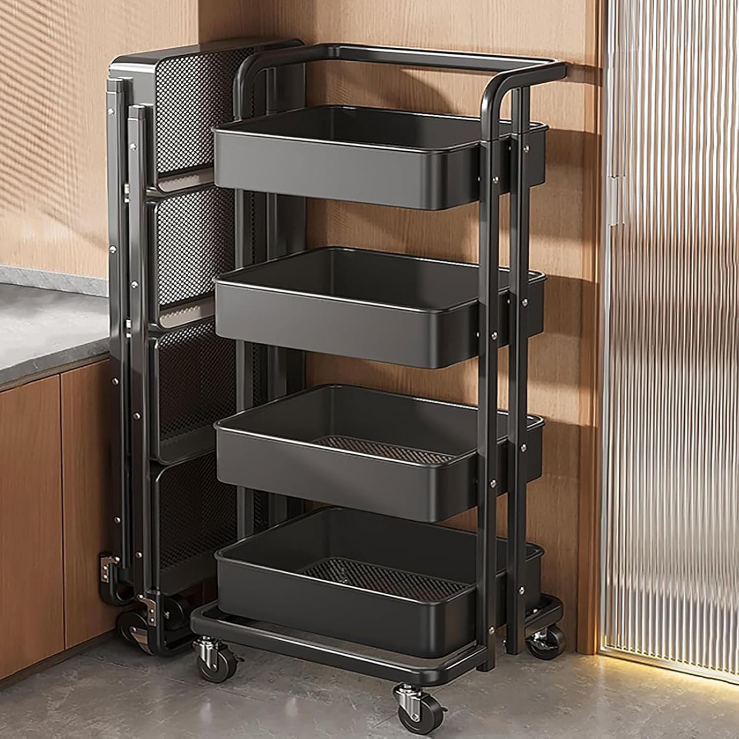 4 Tier Foldable Rolling Cart Metal,Mesh Organization Utility Cart,Rolling Storage Organizer,with Handle and Wheels,for Kitchen Living Room Office,Black (48.2 * 17.3 * 15in)