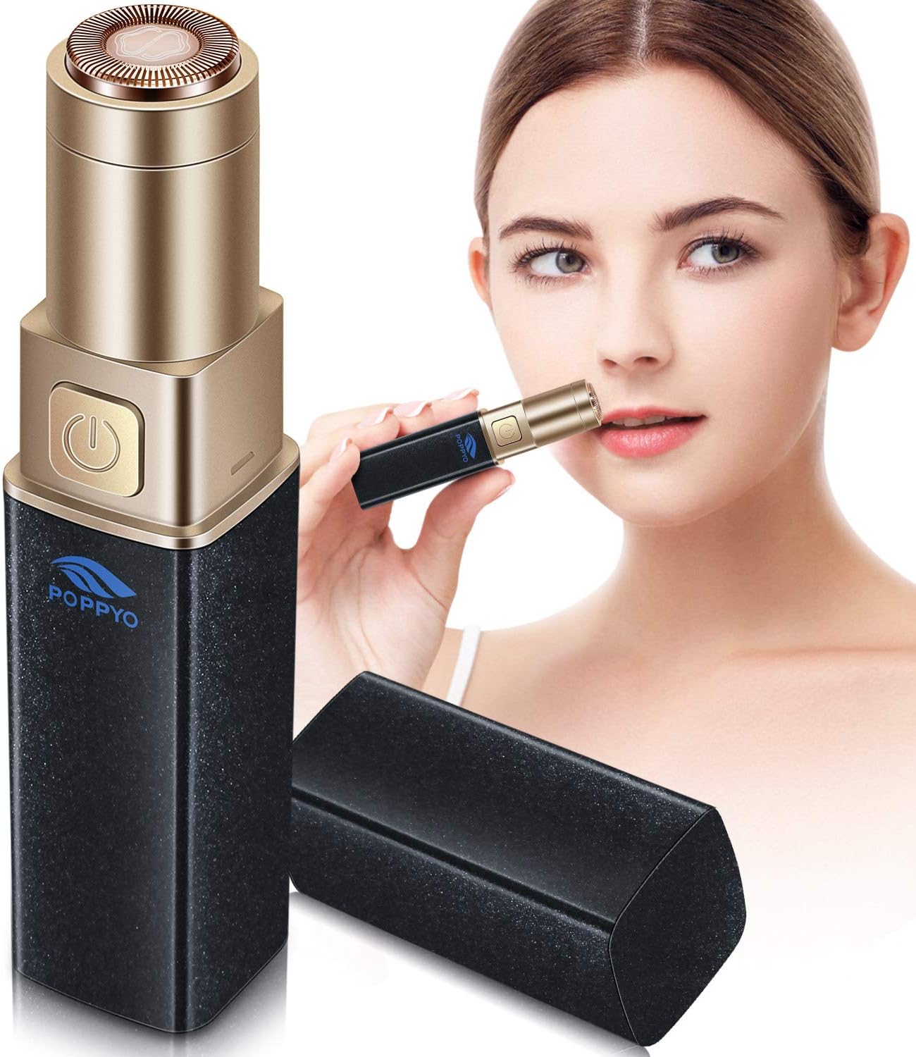 Facial Hair Removal for Women, POPPYO Painless Hair Remover Ladies Mini Travel Size Hair Trimmer for Peach Fuzz, Chin Cheek Hair, Upper Lip Moustaches, Sideburns, Waterproof, Battery Powered