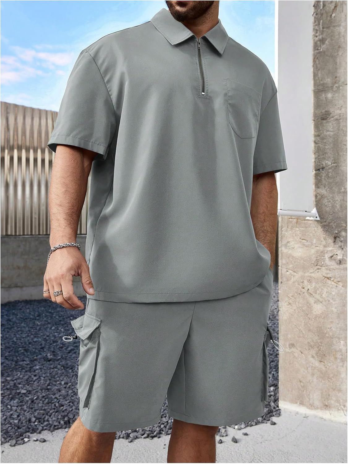 Men's Plus Size Two Piece Collared Neck Half Zipper T Shirts and Drawstring Shorts Clothing Set - Image 2