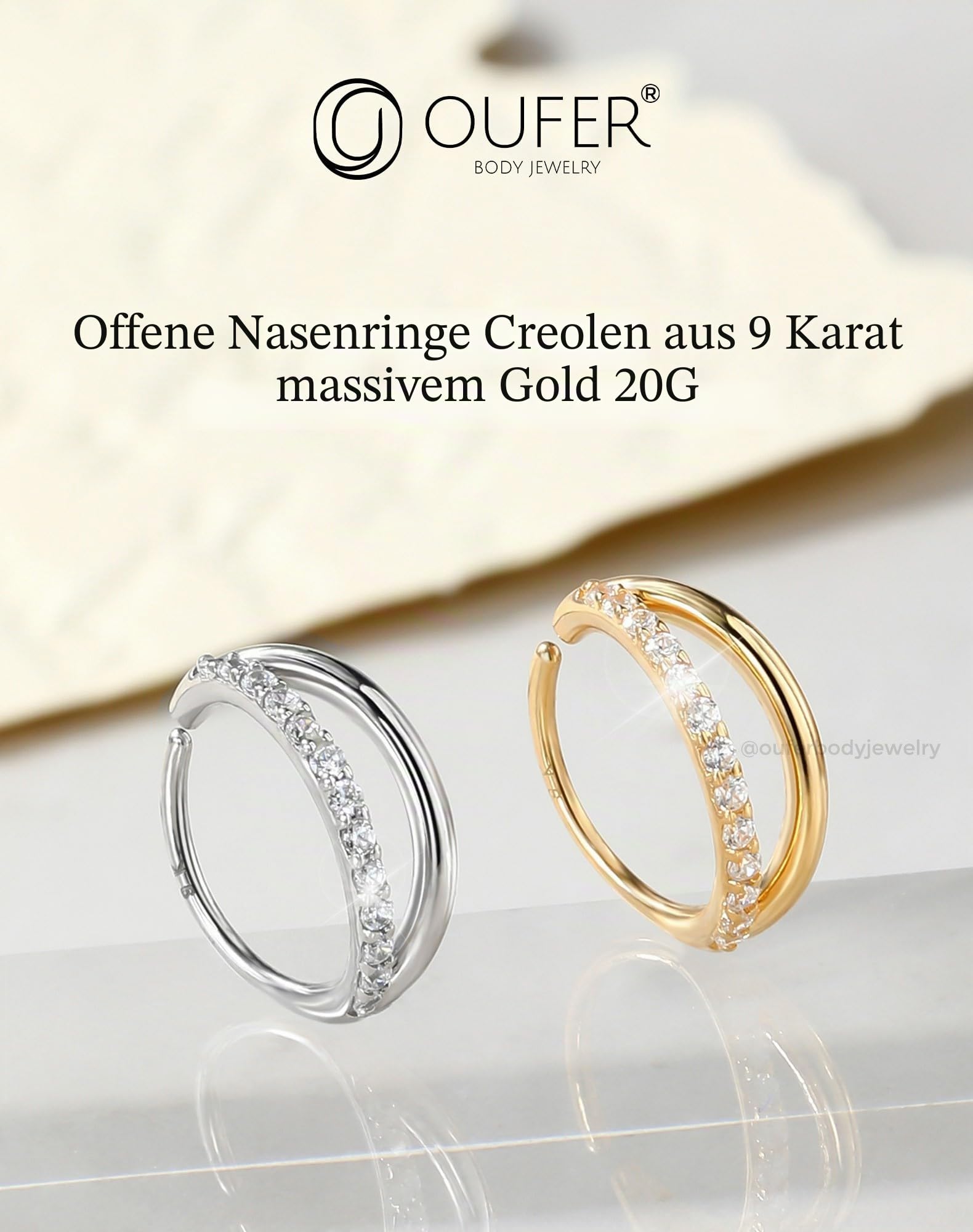 OUFER 20G 9KT Gold Nasenpiercing Klar CZ 8 mm Double Line Nostril Piercing Ring Knorpel Ohrpiercing Seamless Open Helix Lobe Piercing