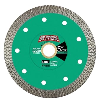 5-Inch Super Thin Diamond Tile Blade For Porcelain, Tile, Ceramic, Marble, Granite And More, Dry/Wet Cutting, 7/8"-5/8" Arbor, X-Teeth Rim For Smooth Cutting, Green