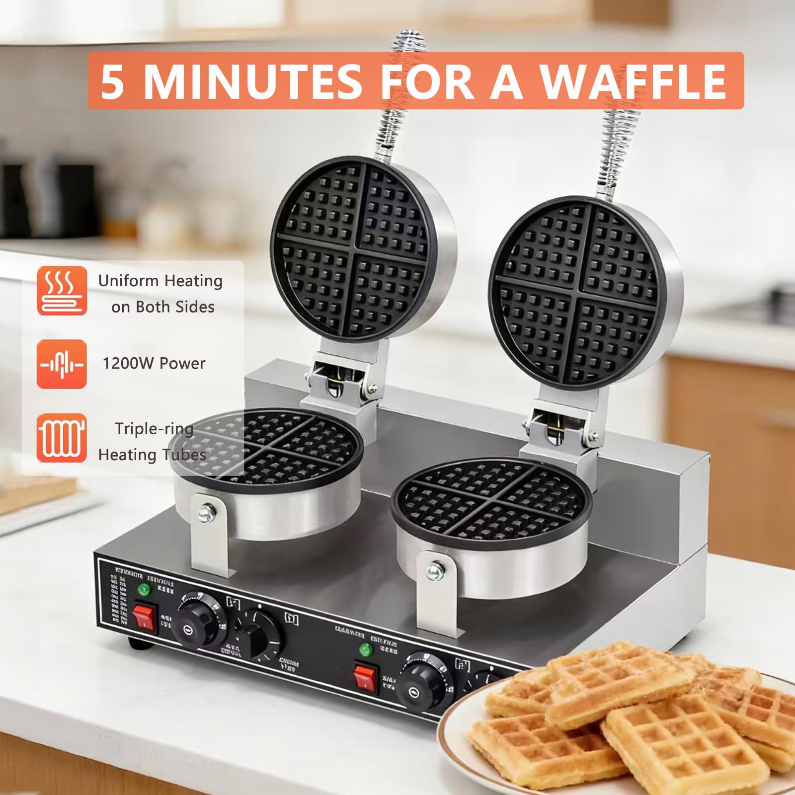 Wafflera Comercial, MáQuina para Hacer Gofres, Gofrera Belga De Acero Inoxidable Antiadherente De 1200 W con Control De Temperatura Y Tiempo, Asa, para Restaurantes Y PanaderíAs,B