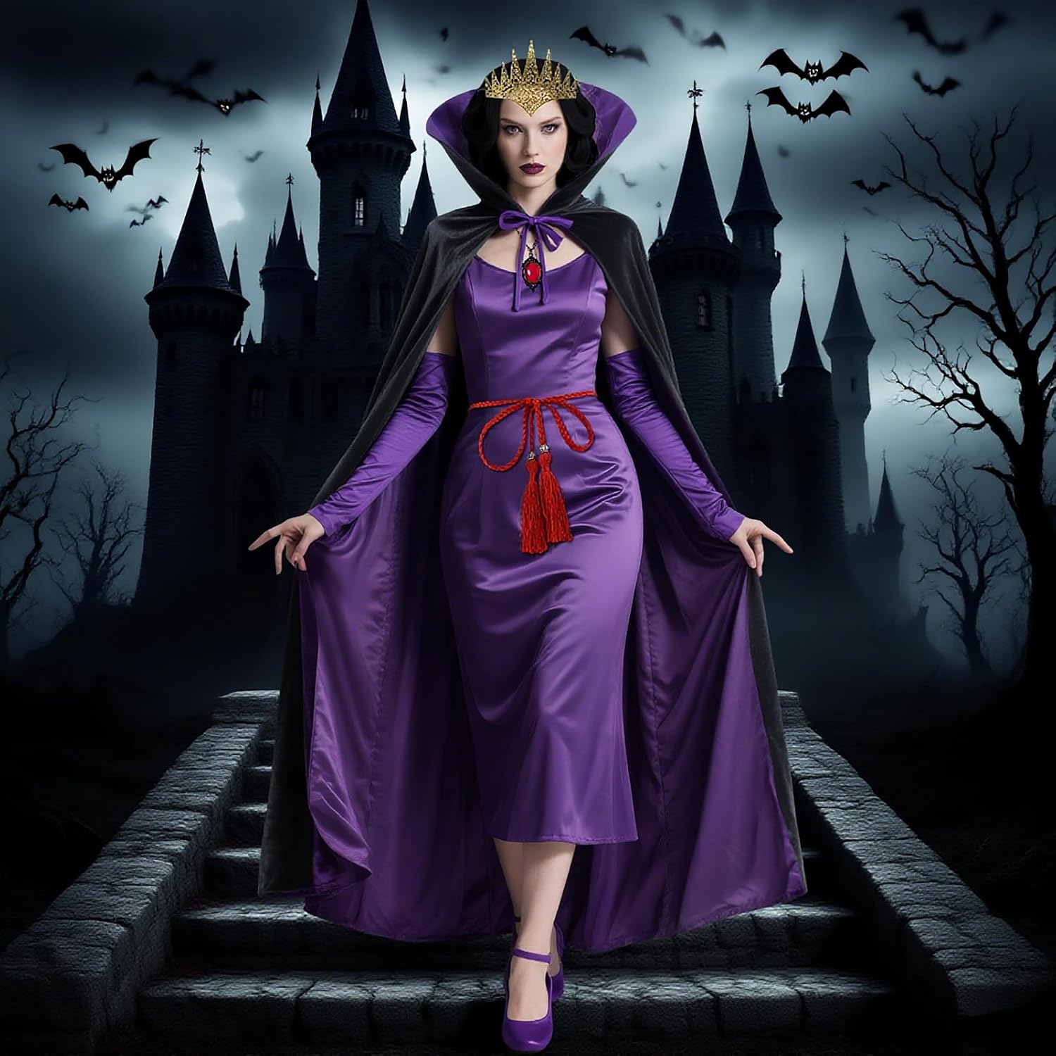 Women's Evil Wicked Queen Cape Cloak Costume Set Fairy Tale Deluxe Costume Accessories Set for Party Cosplay