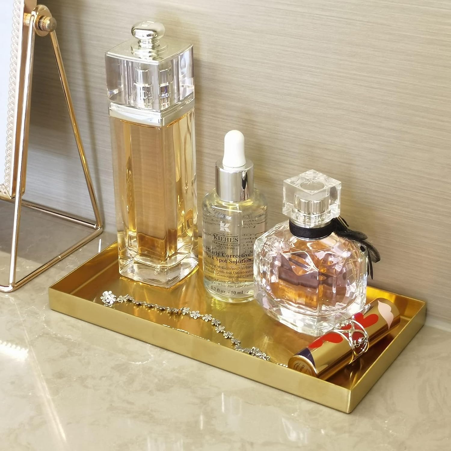 Freelove Sanding Gold Metal Vanity Tray Lettering, Perfume Organizer Jewelry Holder Makeup Dish Catchall Candle Plate Decorative for Dresser Counter Bathroom Desk Home Preppy Room Decor, 4''X8'' - Image 5