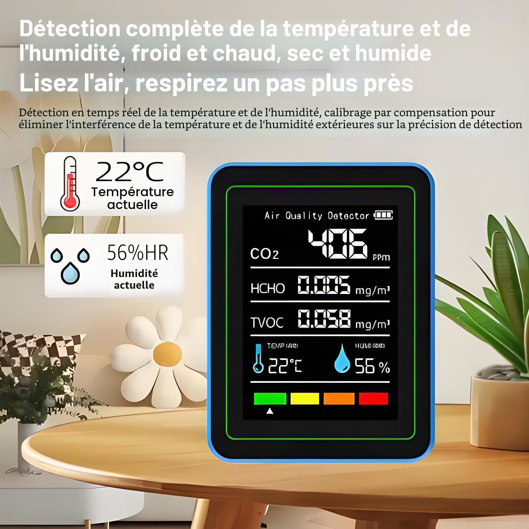 Moniteur de qualité de l'air intérieur : capteur de température et d'humidité avec CO2, TVOC, HCHO, détecteur portable professionnel 5 en 1 pour la maison, le bureau, l'école, l'hôtel