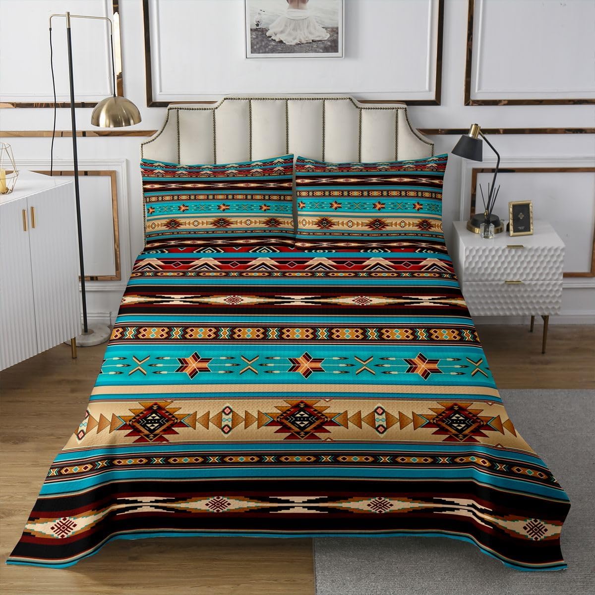 Erosebridal Aztec Quilted Ethnic Tribal Arrow Bedspread,Vintage Southwestern Native Bohemian Coverlet Set Queen,Western Star Quilt Set Exotic Geometric Diamond Stripes Room Decor,Teal Blue and Brown