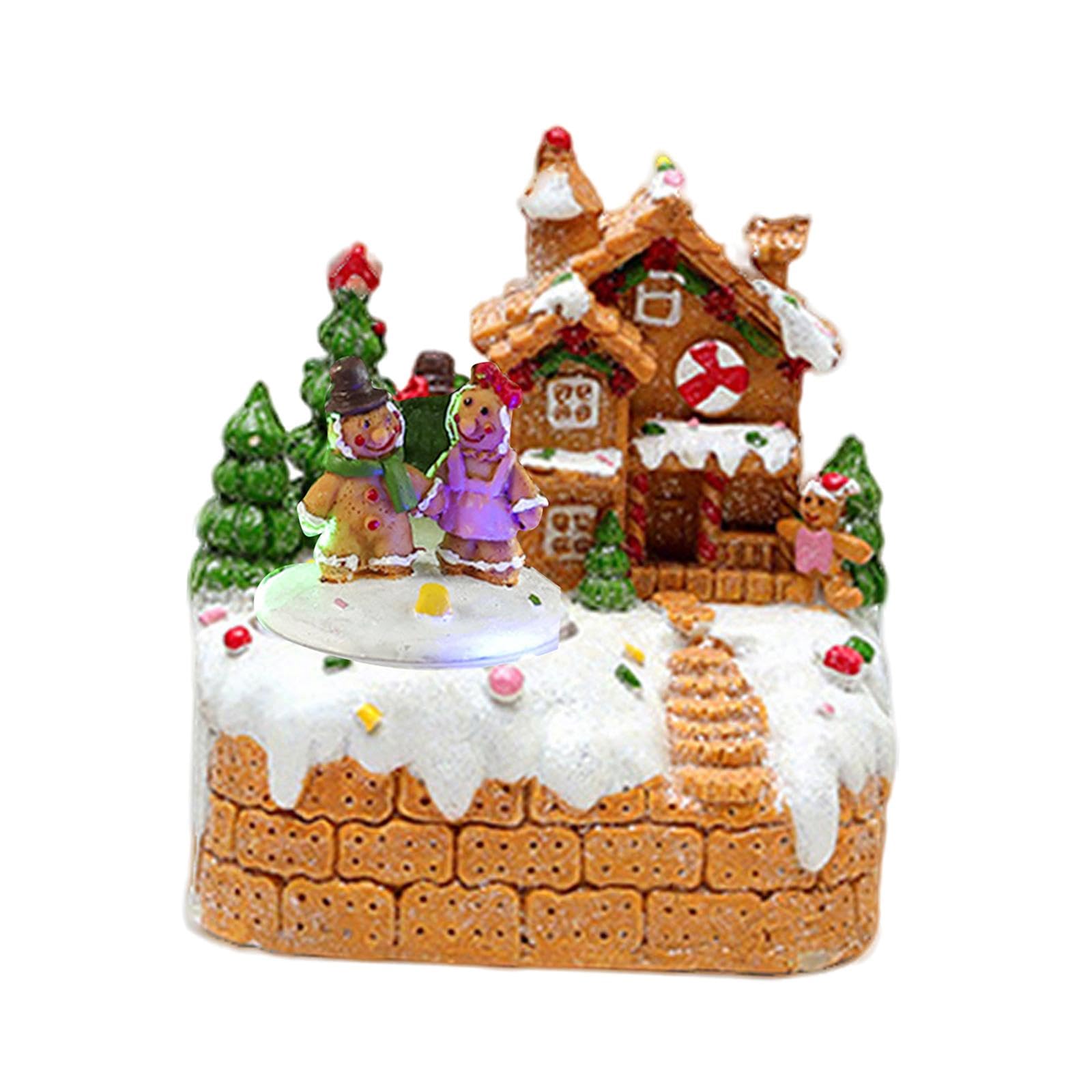 Carillon Natalizio Casa Musicale Ornamentale Villaggio Natalizio Luminoso Decorazione in Resina a Tema Neve Adatto per Tavolo Interno Camera Bambini, 2 Omini di Pan di Zenzero
