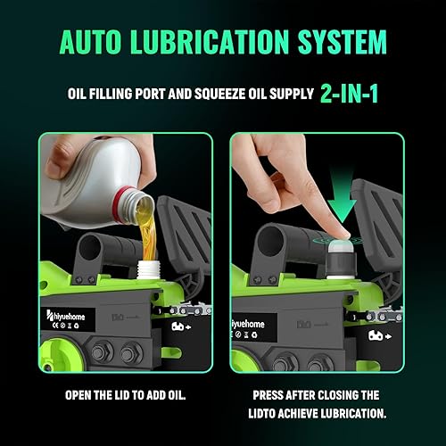 Miniatura 3 de hiyuehome Motosierra eléctrica de 12 pulgadas, motosierra inalámbrica con engrasador automático, sierra de cadena eléctrica de mano con bloqueo de