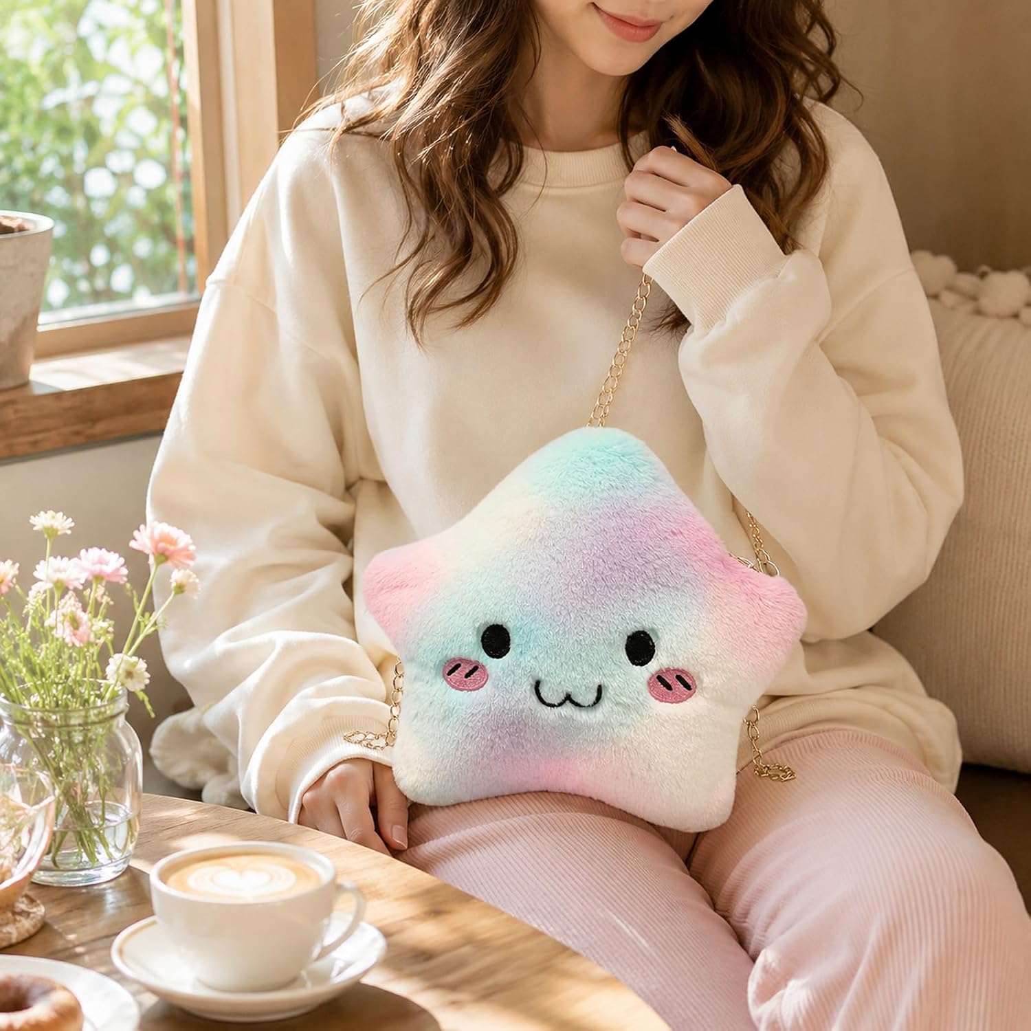 LUOZZY Plush Crossbody Bag Star Shaped Furry Purse for Girls Fluffy Handbag Small Purse with Chain Soft Shoulder Bag for Girls Women