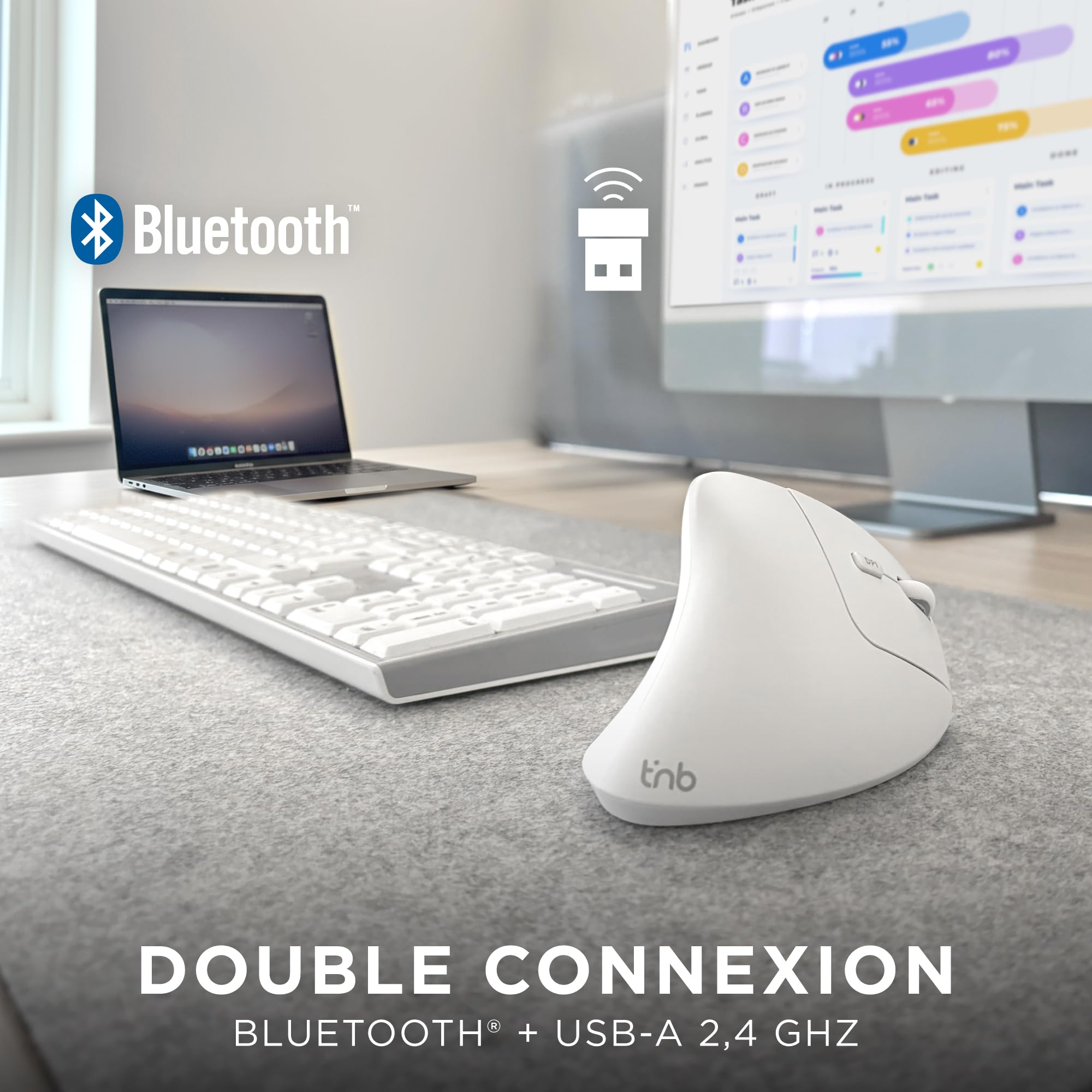 T'nB - Ergo Light Souris Ergonomique sans Fil Verticale, Double Connexion Bluetooth Et Dongle 2,4 Ghz, Ultra Légère, Rechargeable, 6 Boutons, DPI Réglable - Blanc