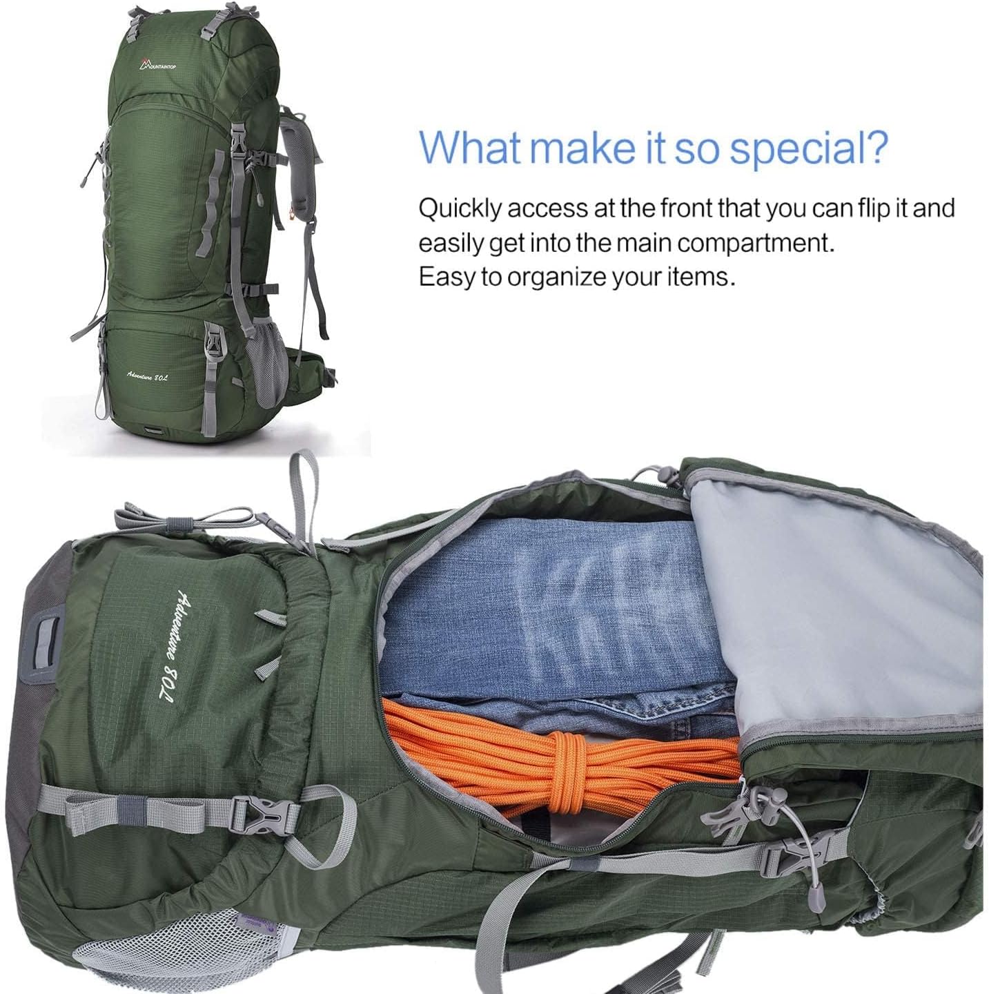 MOUNTAINTOP 80L Internal Frame Hiking Backpack for Man & Women Backpacking with Rain Cover