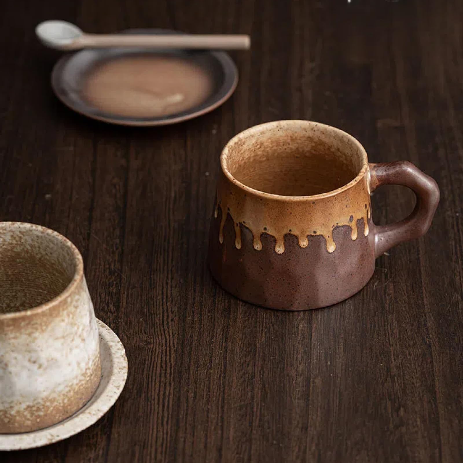 Juego de Taza y platillo de cerámica de 310 ml - Taza de té de cerámica rústica, Estilo Vintage, Textura de gres Hecha a Mano, diseño esmaltado único (Blanco Degradado)