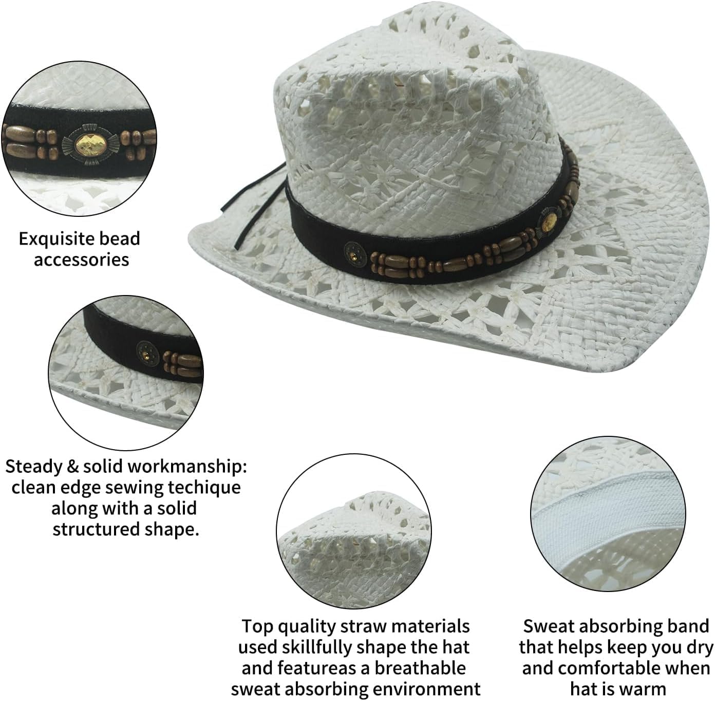 Vamuss Straw Cowboy Hat W/Vegan Leather Band & Beads, Shapeable Brim (White) at  Women’s Clothing store