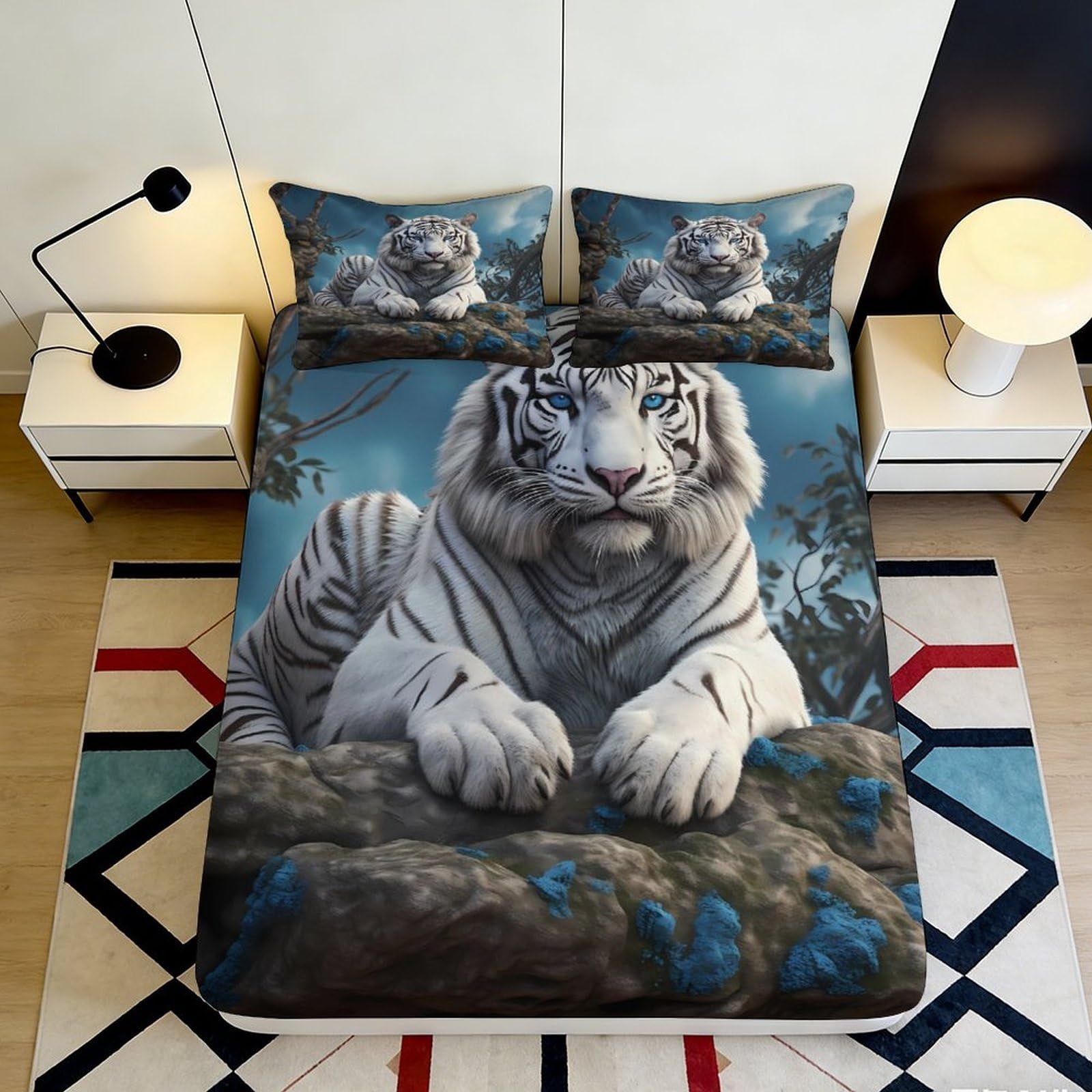3D Printed White Tiger Fitted Sheet Microfiber Soft Non-slip Blue Jungle Mattress Cover for Bedroom Guest Room Decor 160x200x25cm
