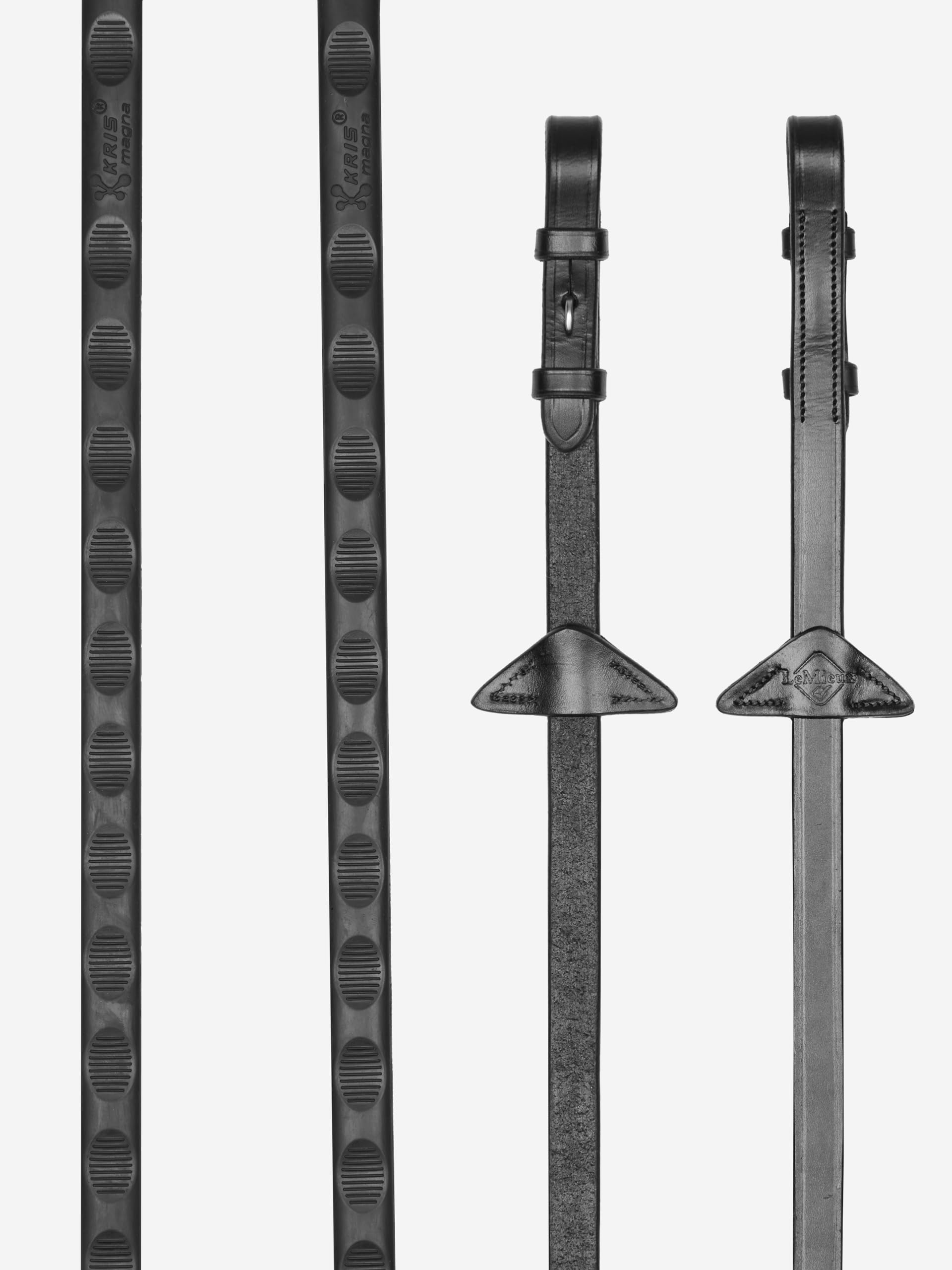 LeMieux Magna Grip Rubber Reins - Textured Thumb Shape Grip - Martingale Stoppers - Black/Silver - Pony