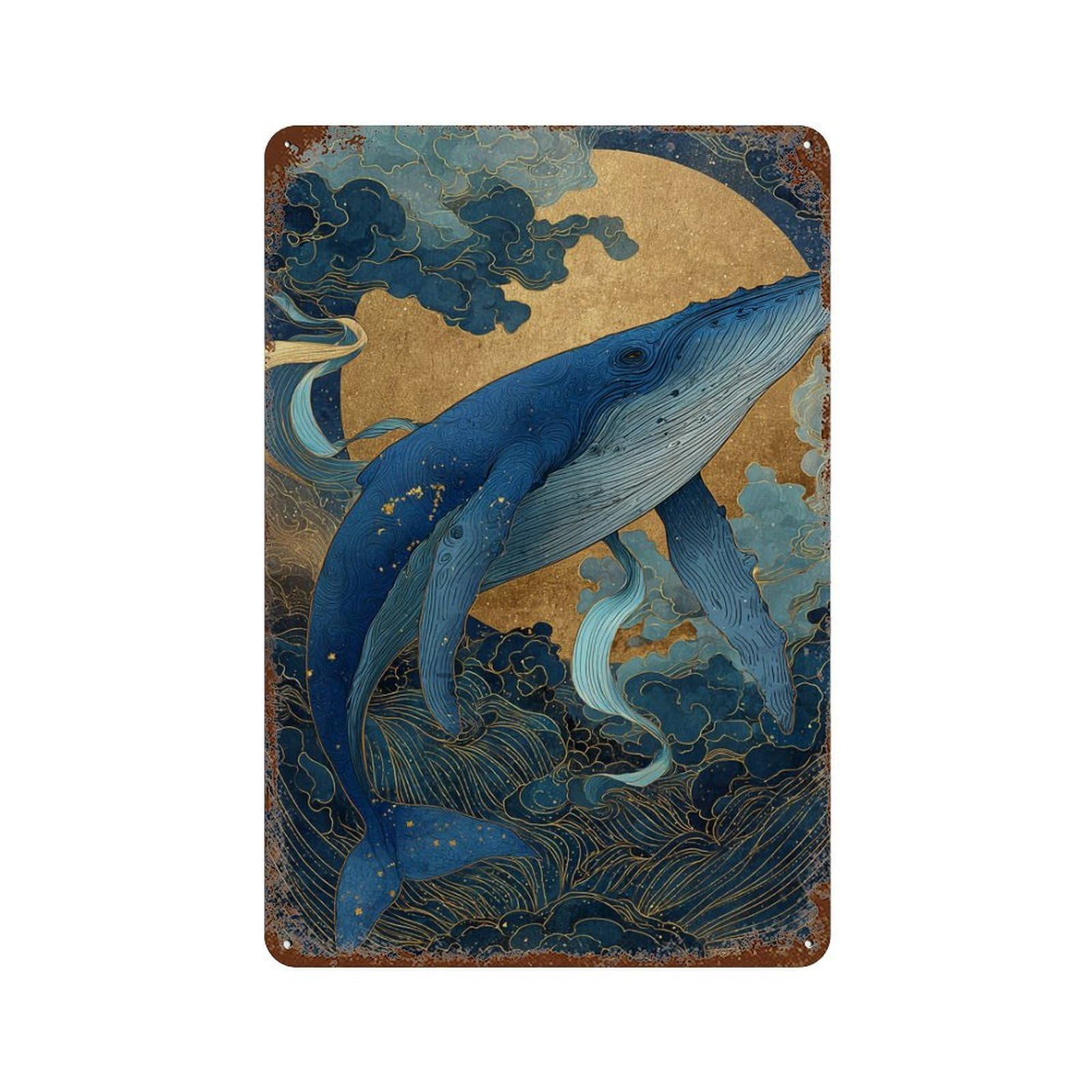 Whale Moon Fantasy Art Rust Effect Tin Sign 11.8"x7.9", Decorative Metal Wall Art for Living Room, Hallway And Home Decor
