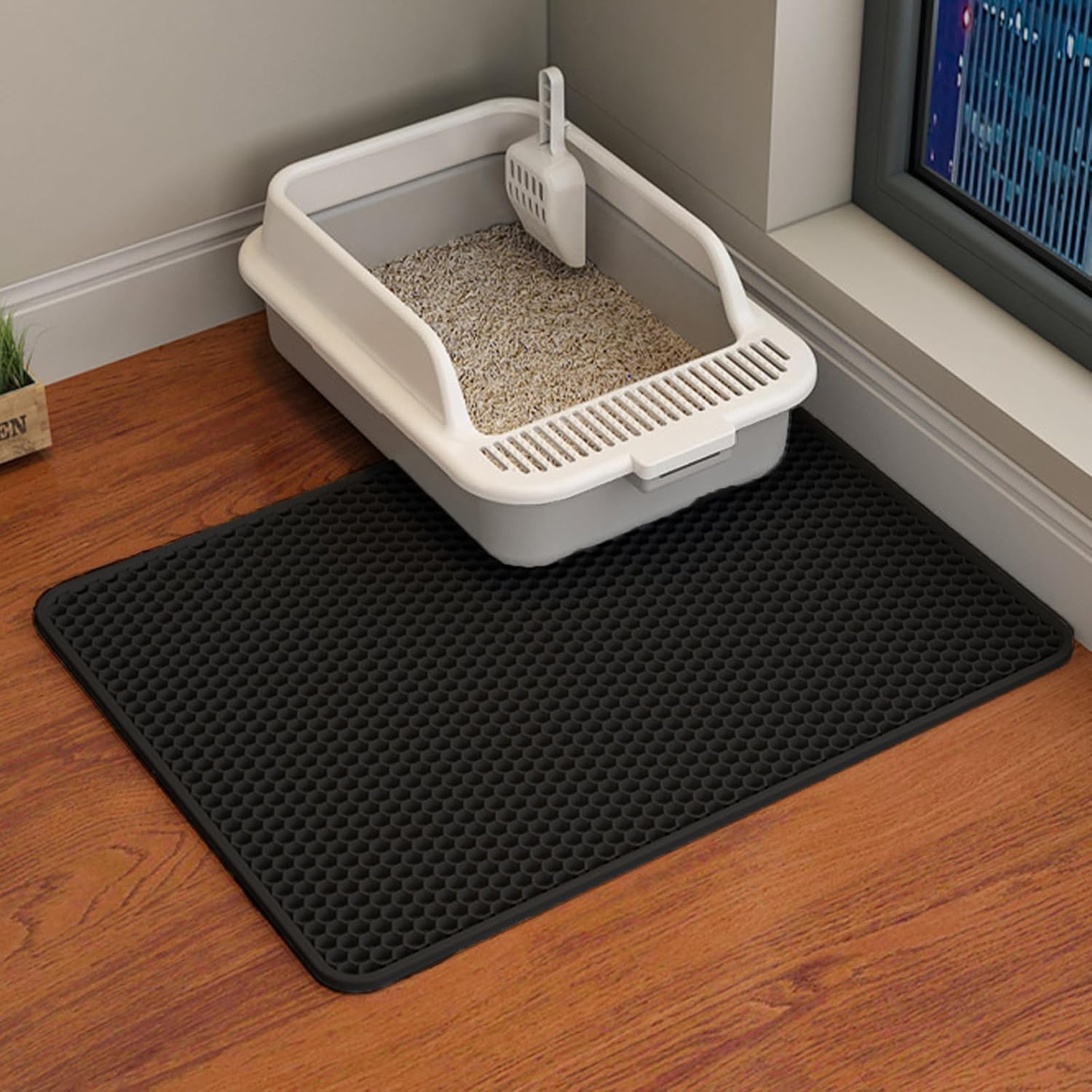 HCY&WLD Cat Litter Mat, 45×26/35×24/30×22/24×18 Inch Double Layer Cat Litter Box Mat, EVA Non-Slip, Waterproof Urine Proof Cat Litter Catcher Mat, Easy Clean Scatter Control (24×18 Inch, Black)