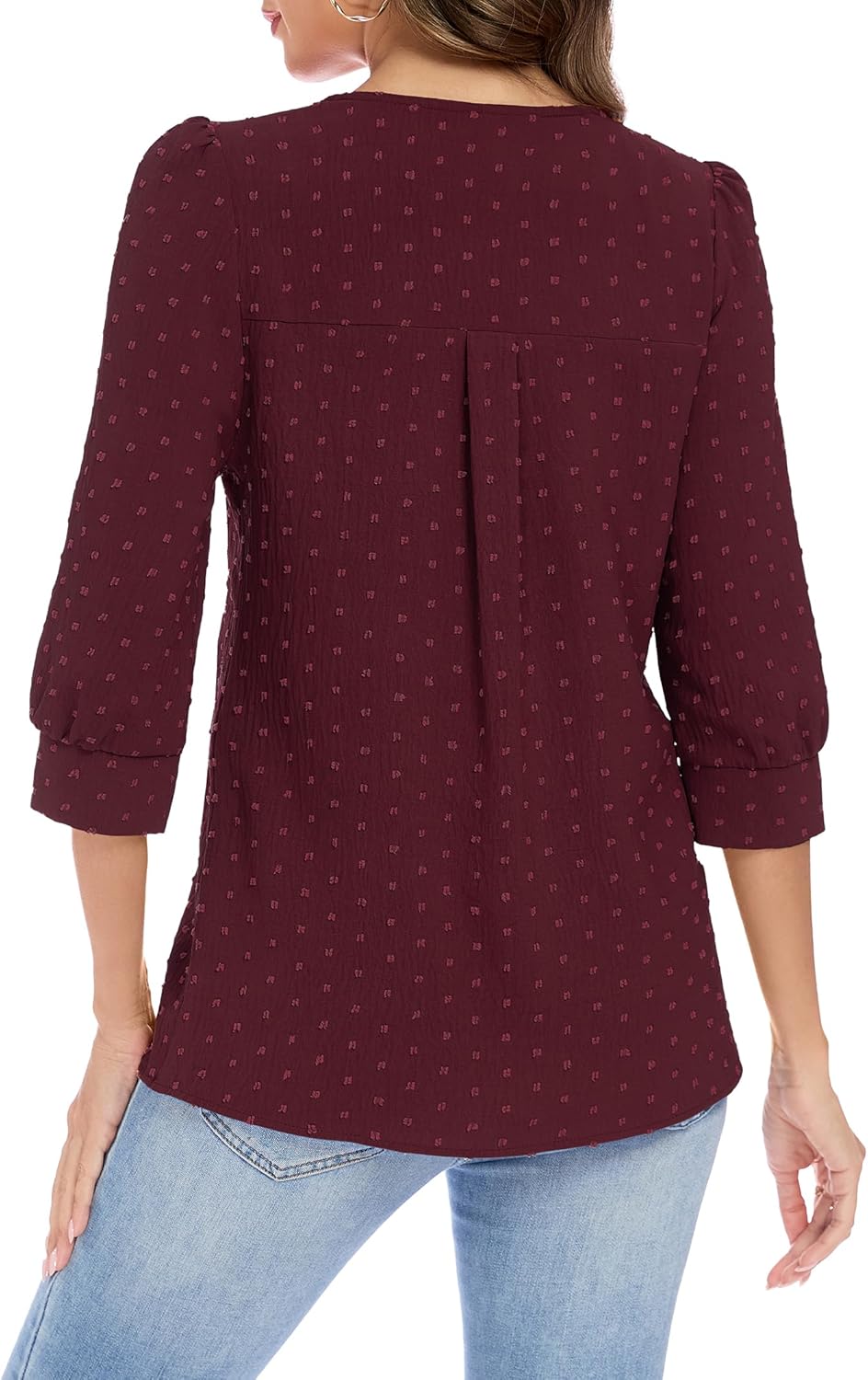 Funlingo Boho Tops for Women 3/4 Sleeve V Neck Blouses Dressy Casual Swiss Dot Lace Shirts Trendy Vacation Clothes