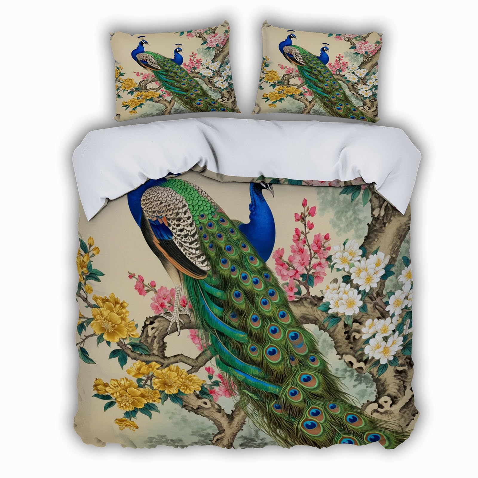 Parure de lit paon 3D housse de couette 240x260cm fermeture eclair microfibe douce retro floral