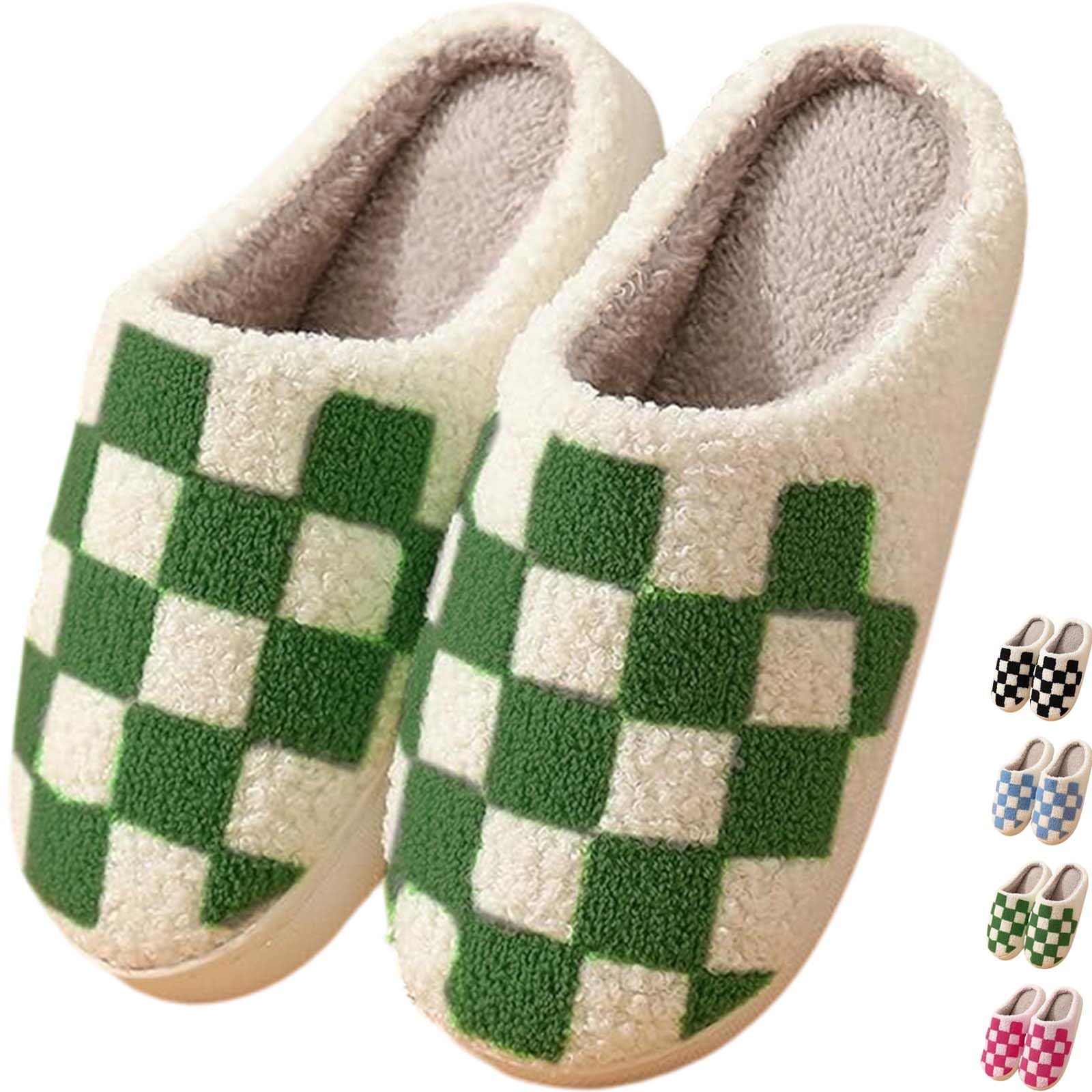 HIPINISS Checkered Slippers - Men & Women's Funny, Fluffy House & Outdoor Shoes - Memory Foam, Warm, Plush Bedroom Slippers for Winter