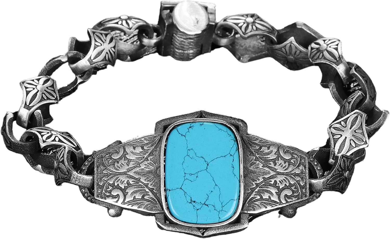 Hand Engraved 925 Sterling Silver Bracelet with Turquoise Stone, Genuine Gemstone Bracelet with Silver and Gemstone, Silver Bracelet for Men, Handmade Men Bracelet, Men's Silver Bracelet