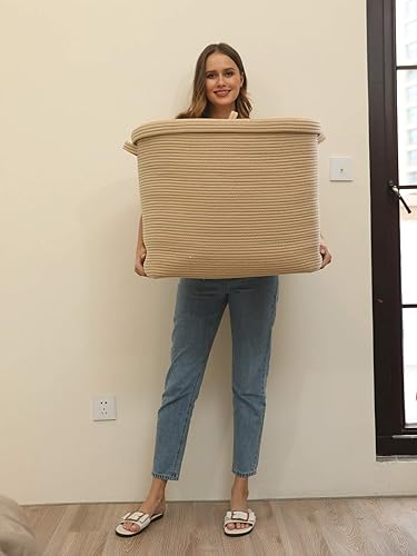 Miniatura 55 de Cesta de almacenamiento rectangular extragrande de 22 x 14 x 18 pulgadas con tapa, cesta de almacenamiento grande de cuerda de algodón, cesta