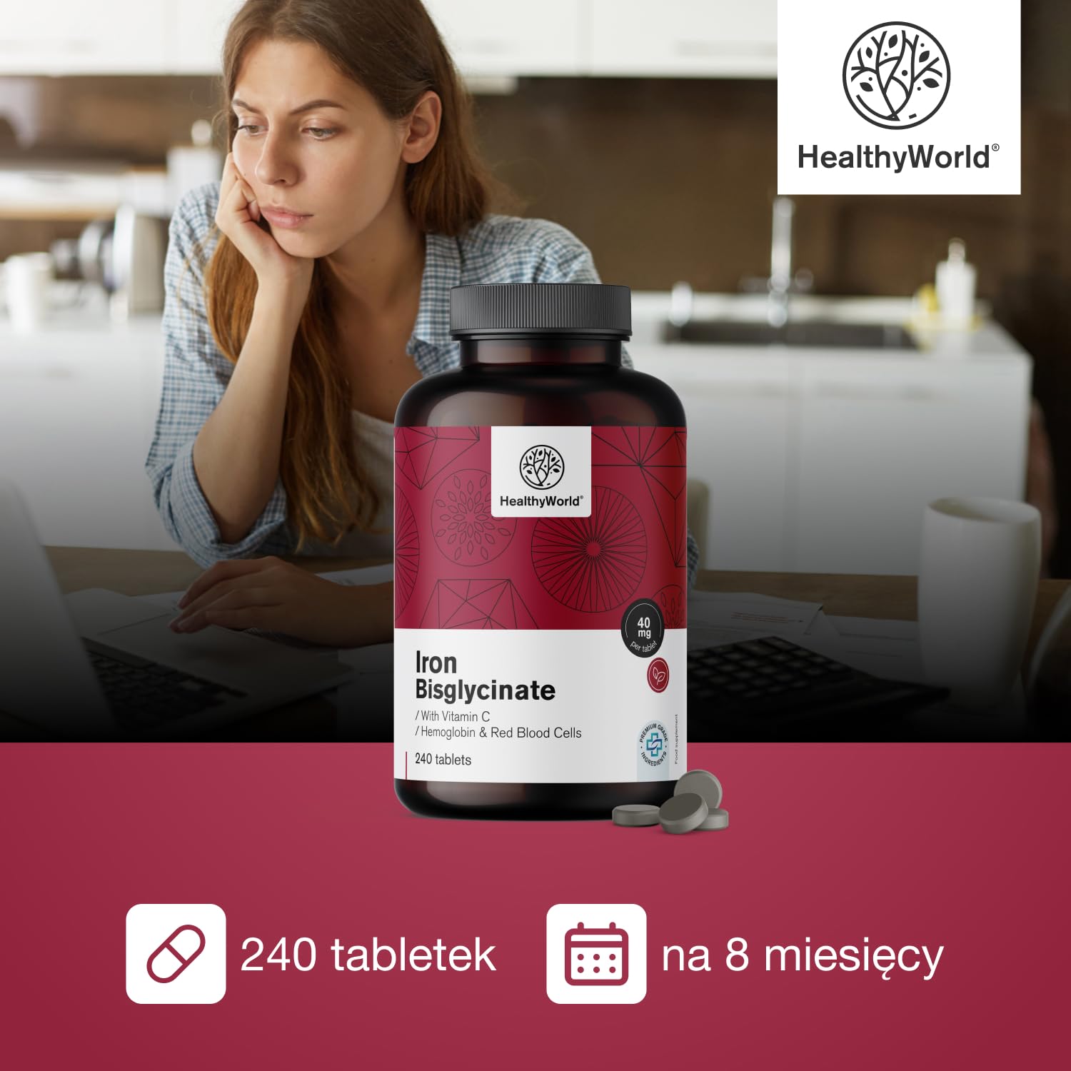 HealthyWorld Diglicynian żelaza 40 mg - Z Witaminą C - 240 Tabletek - 8-miesięczny Zapas - Bez GMO i Bez Sztucznych Barwników - 40 mg Żelaza, 40 mg Witaminy C - Najlepsza Jakość