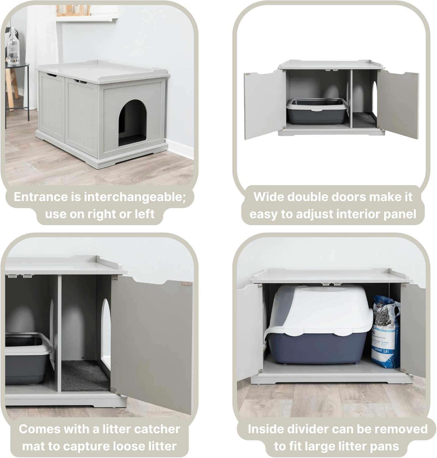 Diagram showing the interchangeable opening of the TRIXIE XL Furniture Litter Box Enclosure, with options for left or right side entry and an adjustable divider.