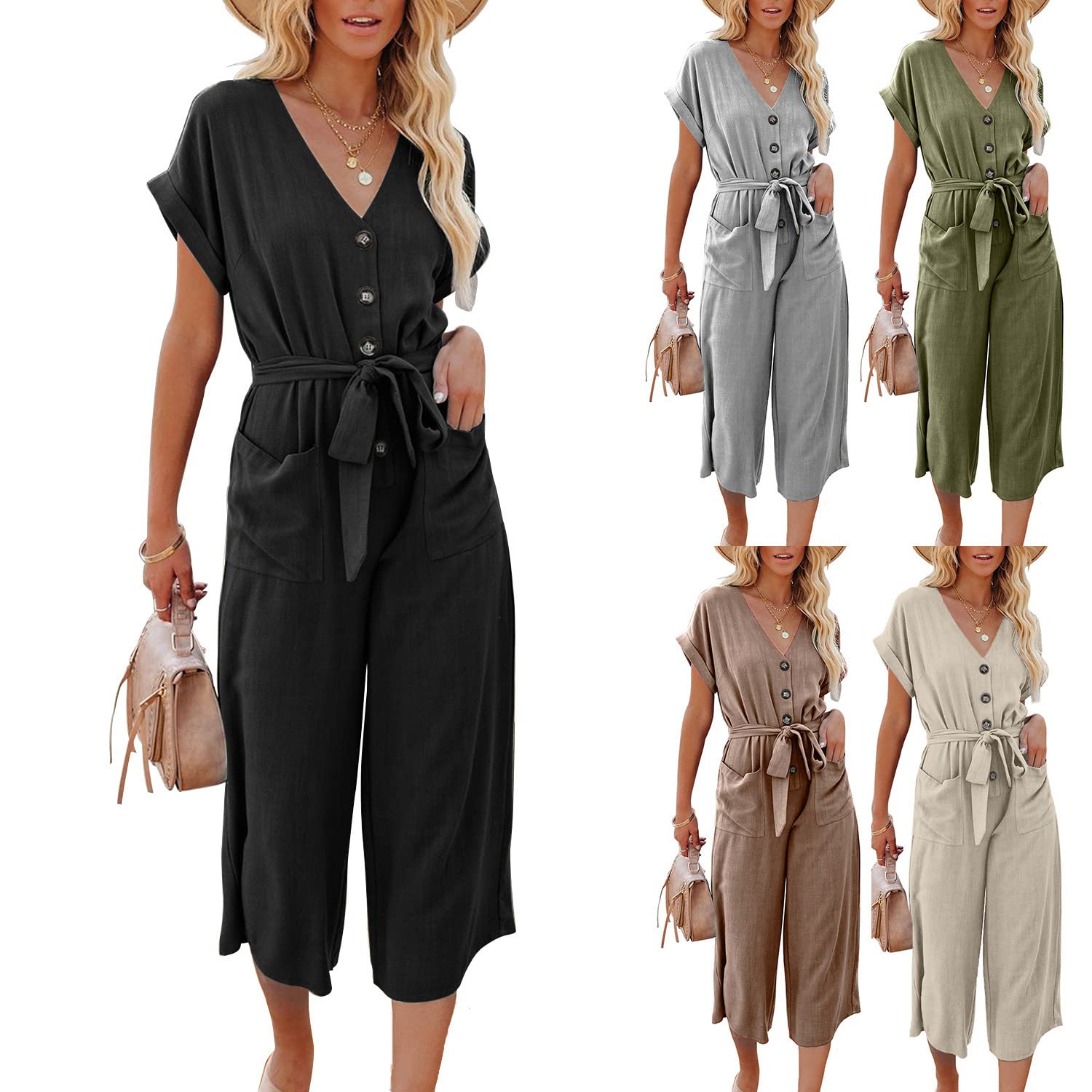 Eryue Cross-bo er Euro an and American Women's Clothing 2022 Summer New Amazon Popular Loose Casual V-ne tie-po et Jumpsuit Green L offers donot miss