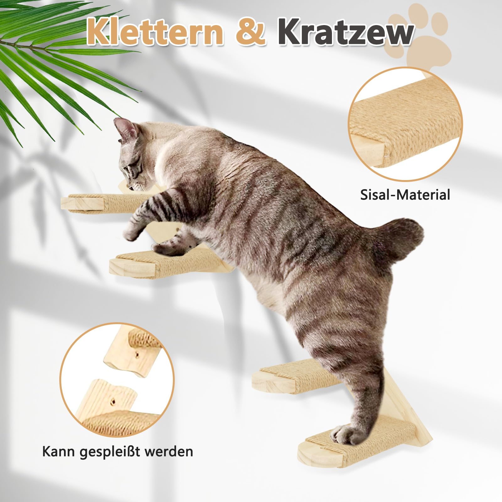Katzen Kletterwand Set, 55cm x 46cm Katzenhängematte & Katzenwandregale & 2 Katzenleiter, 4er-Set Katzenwandparkour für Katzen, Katzen Wandelemente zum Schlafen und Ausruhen (XL, Beige)