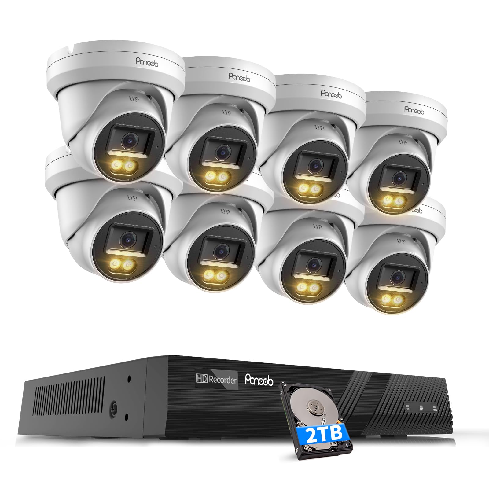 Sistemas de cámaras de seguridad PANOOB 4K, 8 cámaras domo IP PoE con cable de 8 MP con detección de personas y vehículos con IA, visión nocturna a color con foco, micrófono integrado, NVR 4K de 8 canales, disco duro de 2 TB para grabación ininterrumpida, PD93BA0808-8MD