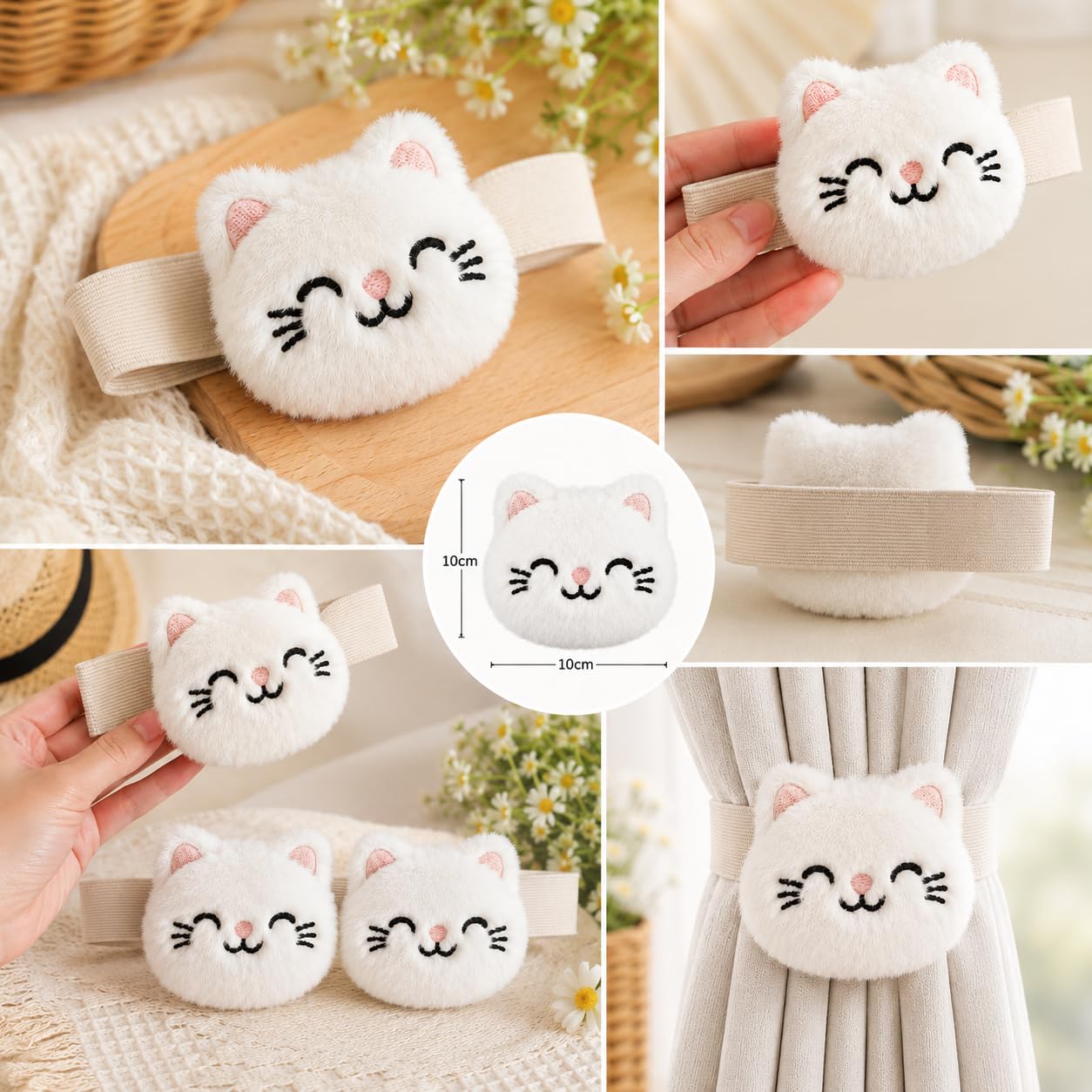 Kawaii Plush Cat Curtain Tieback Holder – Soft Fur Cartoon Kitty Curtain Band for Bedroom Curtains, Cute Window Drapes Tie Back for Nursery, Baby Room, Living Room Decoration