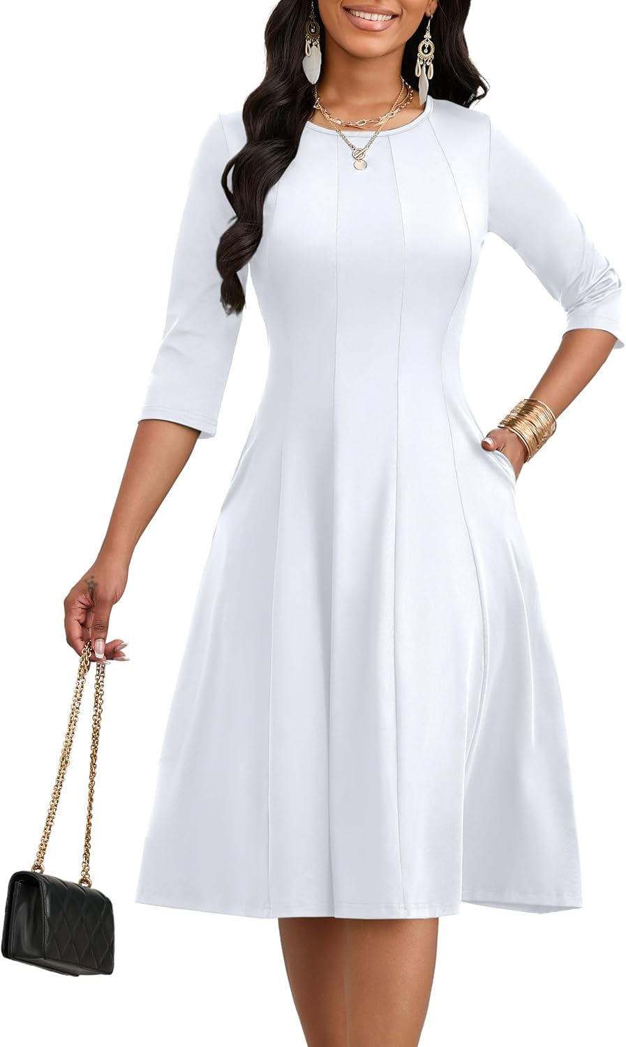 CLOCOR Casual Midi Dresses for Women A-Line Fit and Flare Elegant Church 3/4 Sleeve Crew Neck Dress with Pocket - Image 2