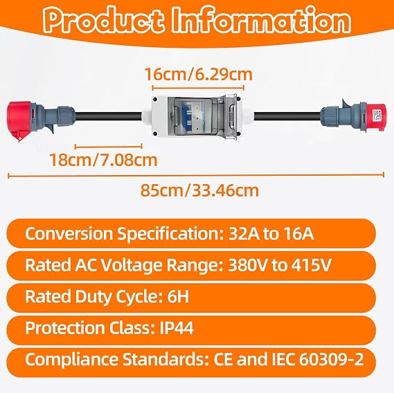 CEE Adapter 32A to 16A with Circuit Breaker, Class IP44 Overload & Anti-Short Protection High Current Coupling, 3-Phase 5-Pin 32A Male to 16A Female CEE Power Adapter Plug Socket for Outdoor Caravan