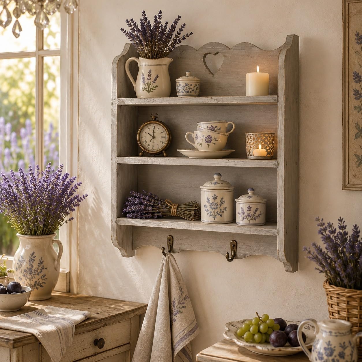 DRULINE Wandregal Landhaus Holz – Shabby Chic Gewürzregal Küche, 38,5 x 48,4 cm