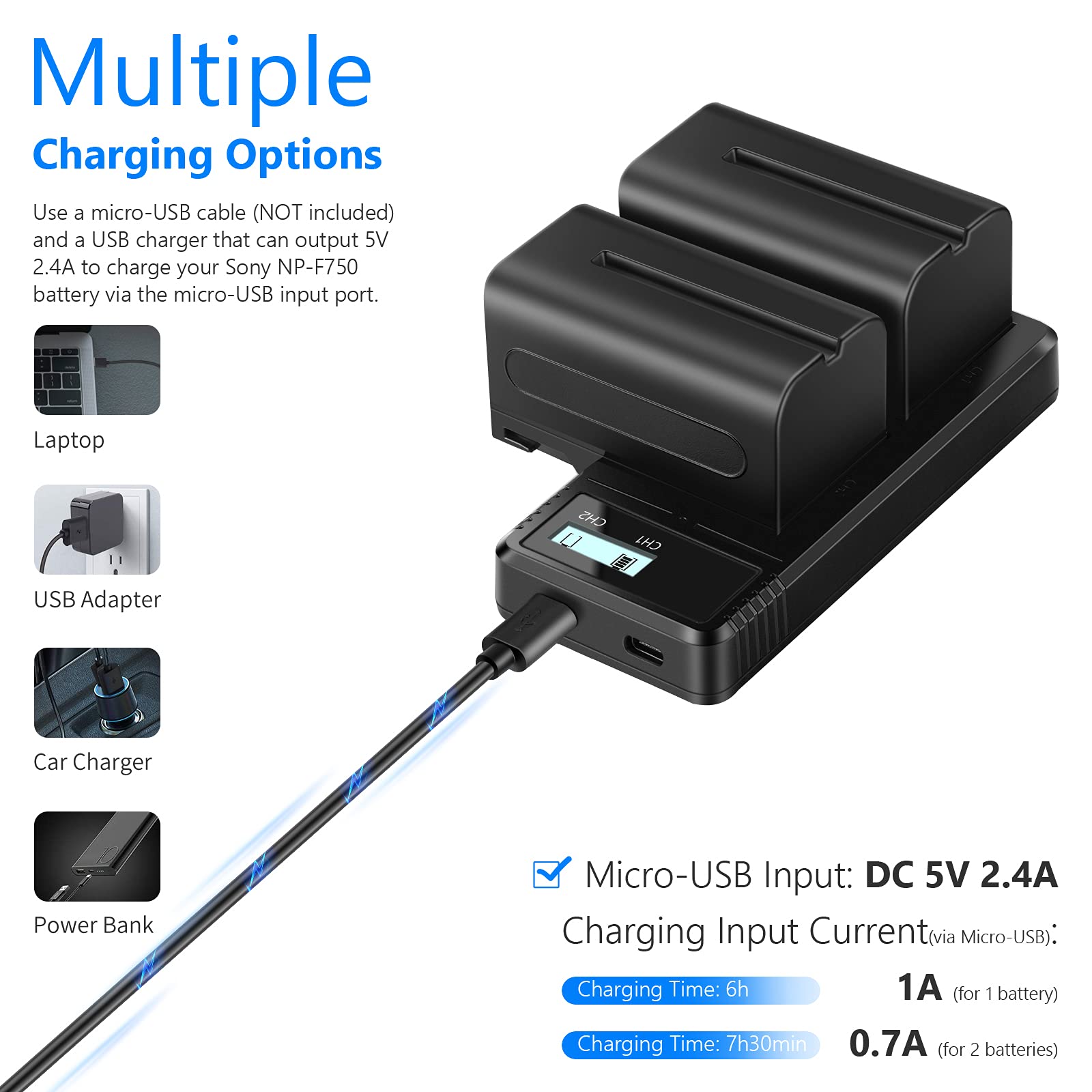 Neewer 2pz Batteria a Litio Sostitutiva NP-F750 5600mAh con Caricabatterie Doppio, Compatibili con Sony NP-F970 NP-F960 NP-F950 NP-F930 NP-F770 NP-F750 NP-F570 NP-F550 & Sony Handycam