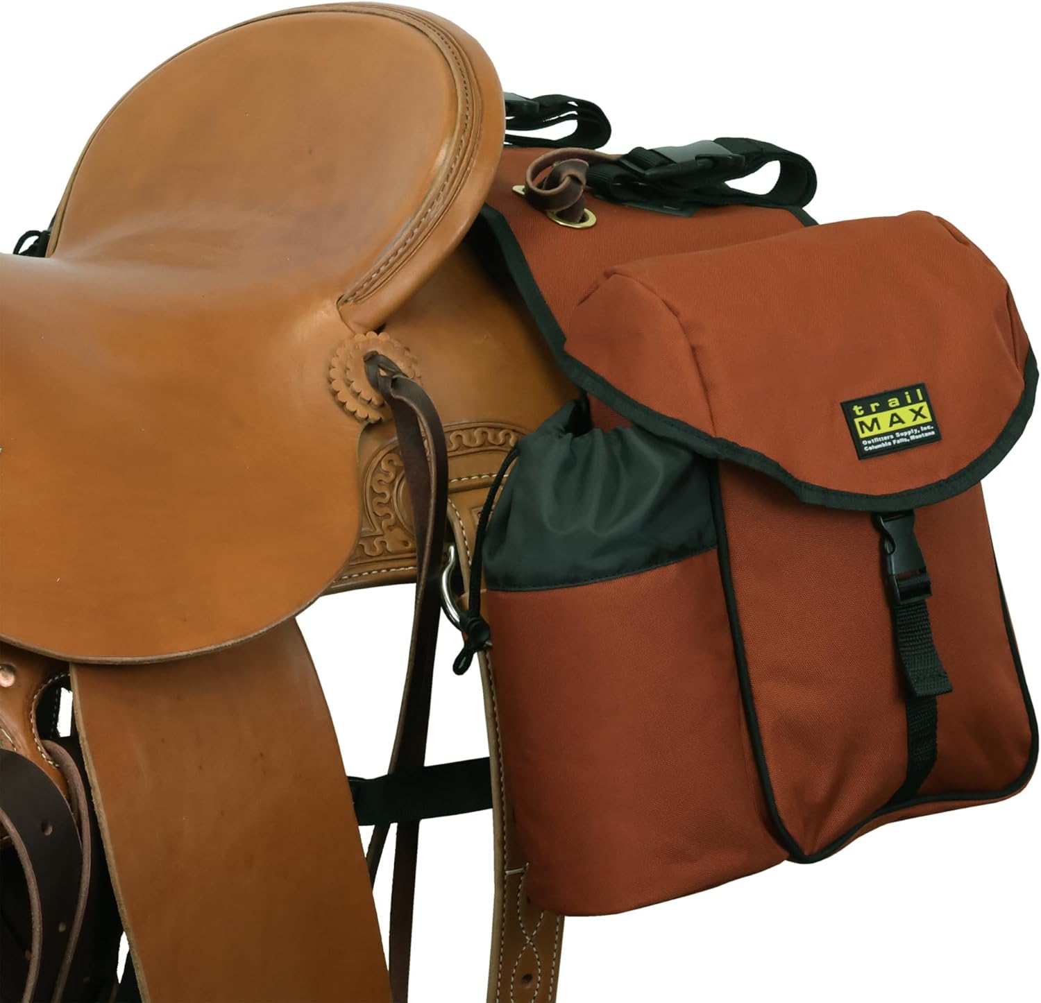 TrailMax Big Sky Saddlebags; Equine Saddle Bags with Two Water Bottle Holders; Rear Saddle Bags for Trail Riding on Horseback; Durable and Strong Polyester; Designed in Montana; Rust