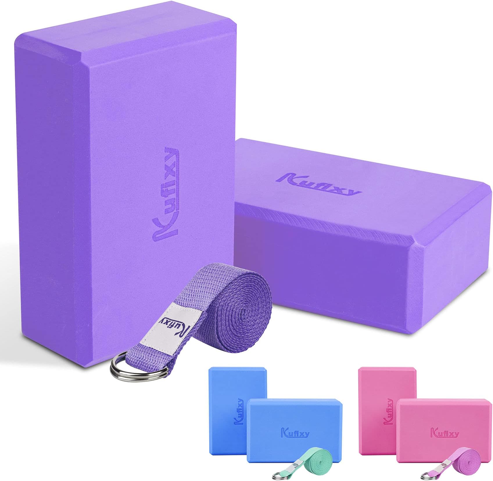 Kufixy Yoga Blocks Set of 2 with Strap EVA Foam Soft and Sturdy Non Slip Lightweight Yoga Brick for Balance Stretching Pilates Meditation and Deep Flexible Poses