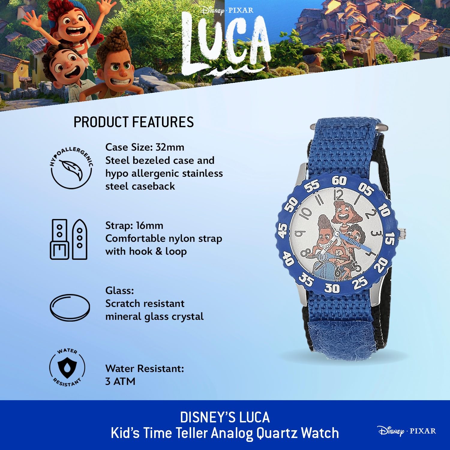 Disney Set di 2 orologi per bambini dai 4 ai 7 anni, con quadrante Luca e Raya, lunette blu e bianche con cinturini in nylon e silicone, regalo per ragazzi, ricevi 2 orologi misteriosi bonus