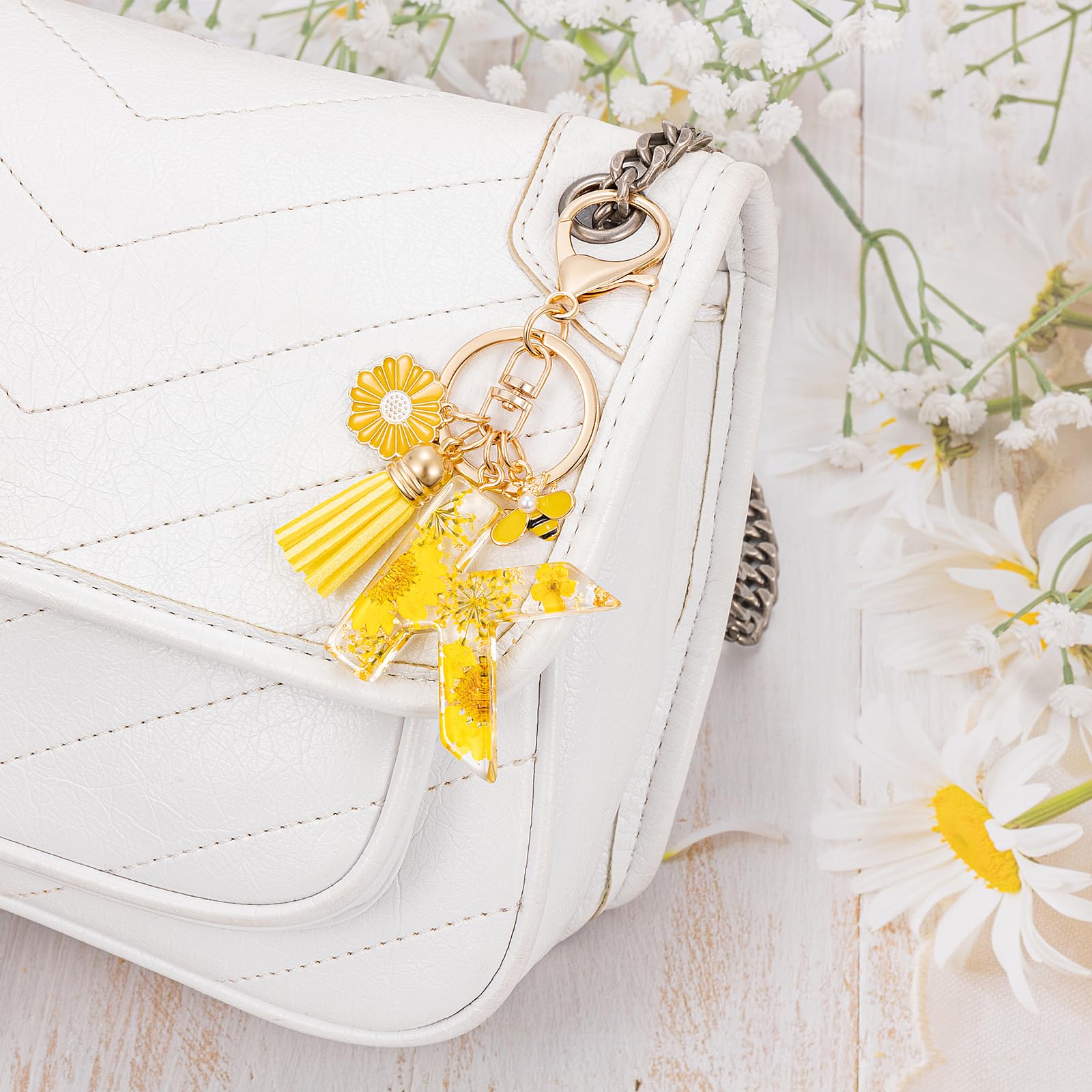 MWOOT Initial Letter Keychain Resin Alphabet Keyrings,Yellow Petals Gold Foil Key Ring Key Chain Charm